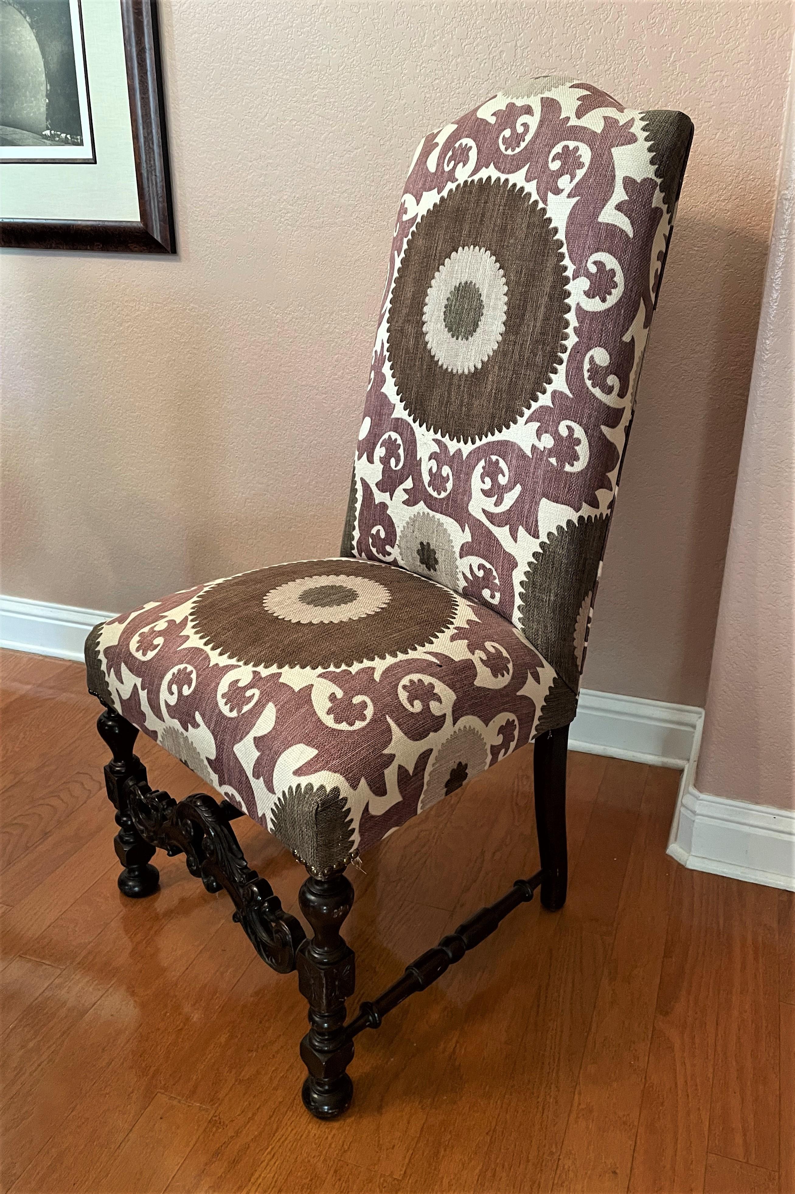 Spanish 1940s Santa Barbara-Style Side Chair in Lavender, Taupe, Brown with Walnut Frame For Sale