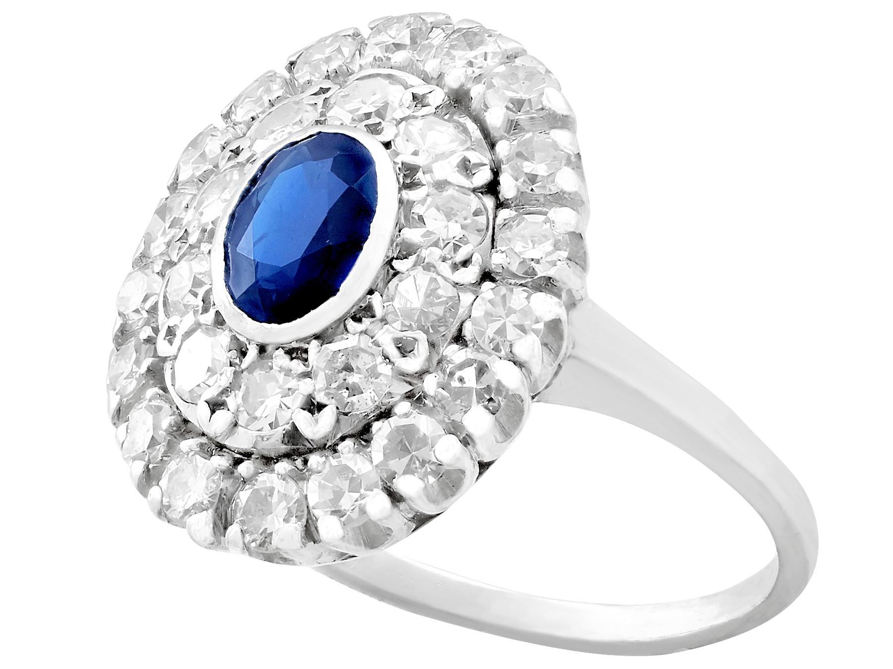 Oval Cut 1940s Sapphire and 1.88 Carat Diamond Platinum Cluster Ring For Sale