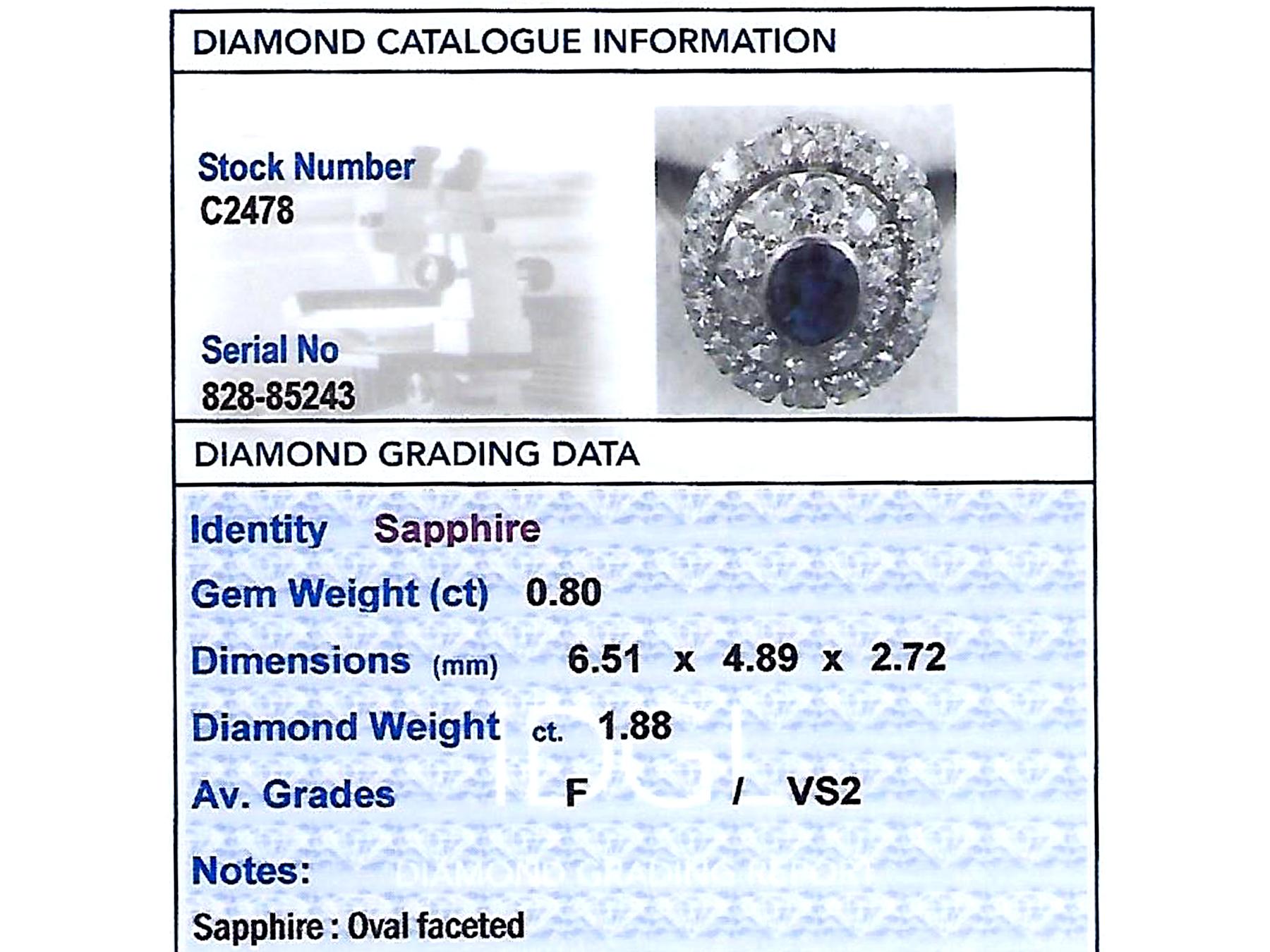 1940er Jahre Platin-Cluster-Ring mit Saphir und 1,88 Karat Diamant im Angebot 1