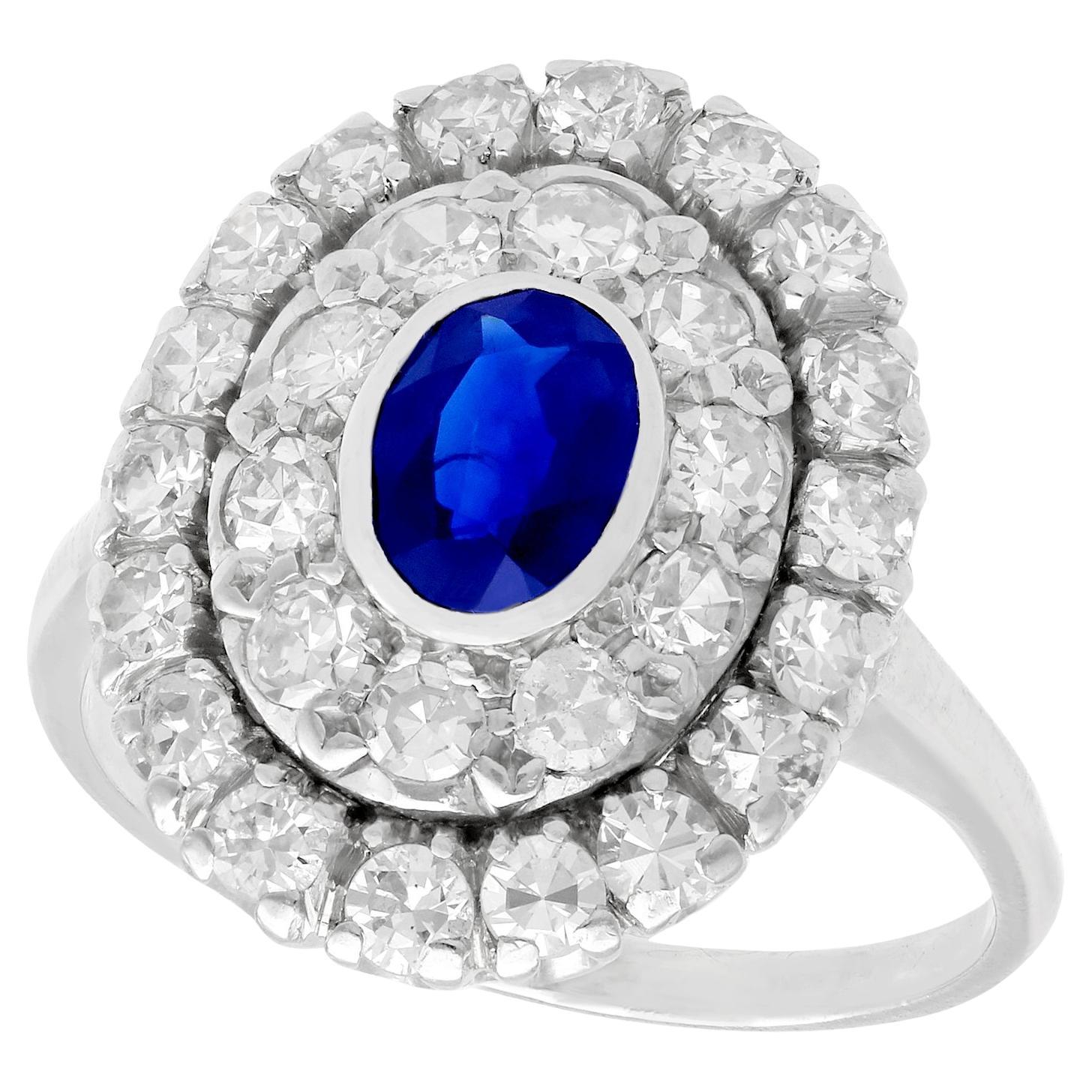 1940s Sapphire and 1.88 Carat Diamond Platinum Cluster Ring For Sale
