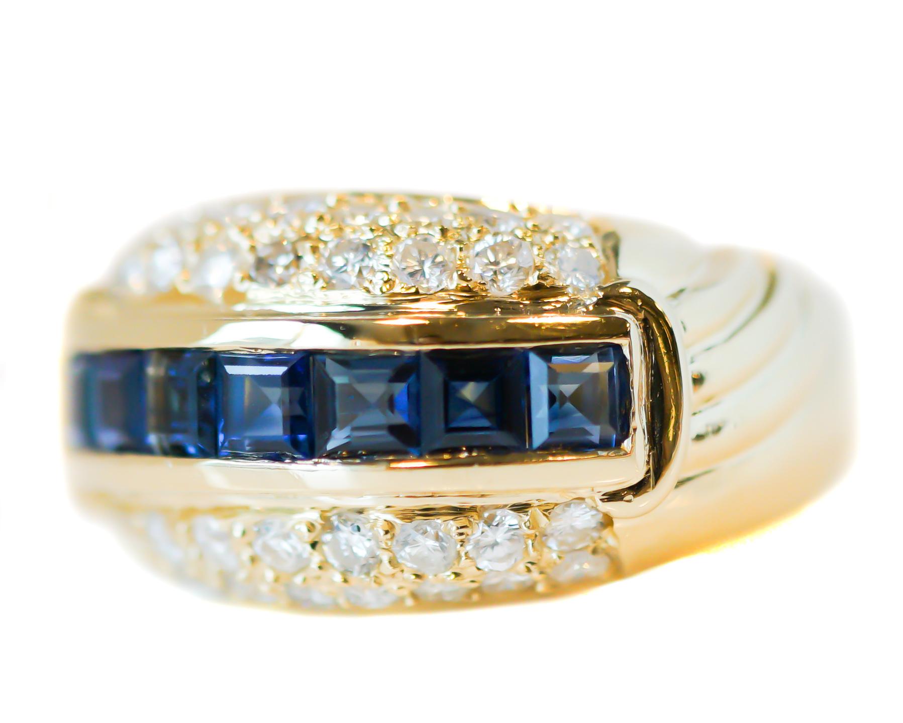 French Cut 1940s Sapphire and Diamond 18 Karat Yellow Gold Cocktail Ring
