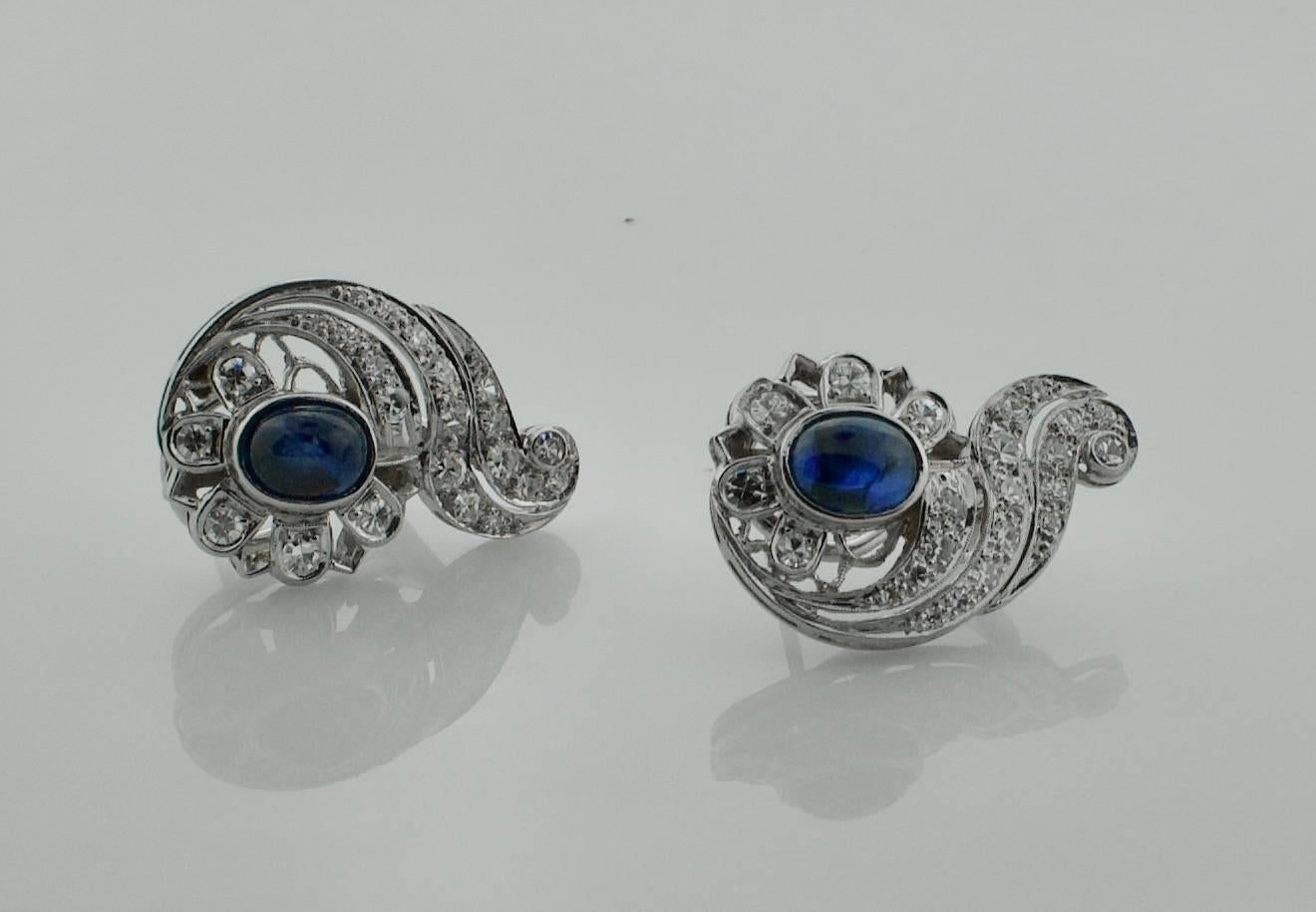 Oval Cut 1940s Sapphire and Diamond Earrings For Sale