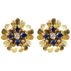 1940s Sapphire and Diamond Set Floral Earrings in 9 Carat Yellow Gold