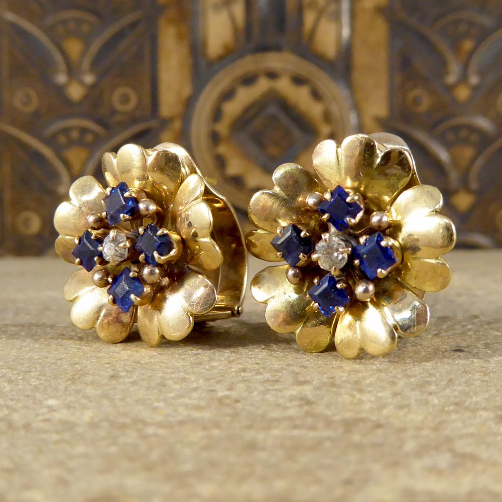 Retro 1940s Sapphire and Diamond Set Floral Earrings in 9 Carat Yellow Gold