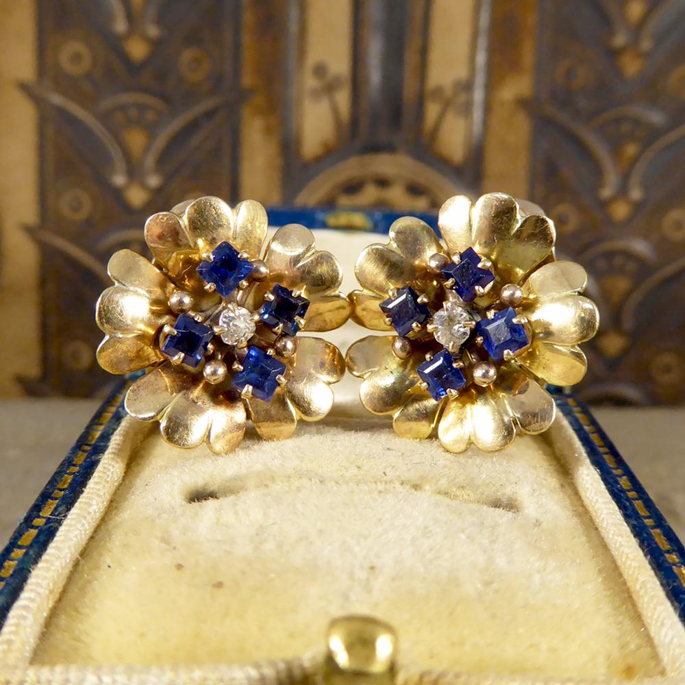 1940s Sapphire and Diamond Set Floral Earrings in 9 Carat Yellow Gold In Good Condition In Yorkshire, West Yorkshire
