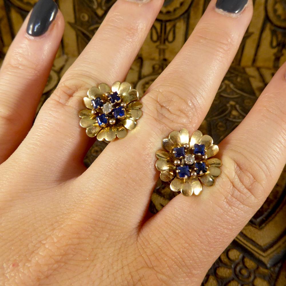 Women's 1940s Sapphire and Diamond Set Floral Earrings in 9 Carat Yellow Gold