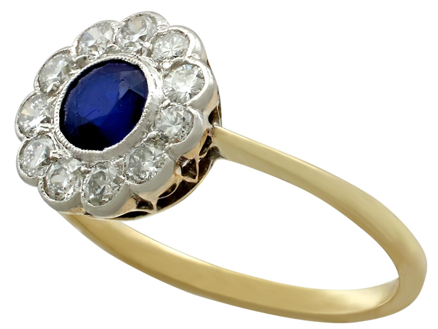 Round Cut Vintage 1940s Sapphire and Diamond Yellow Gold Cluster Ring