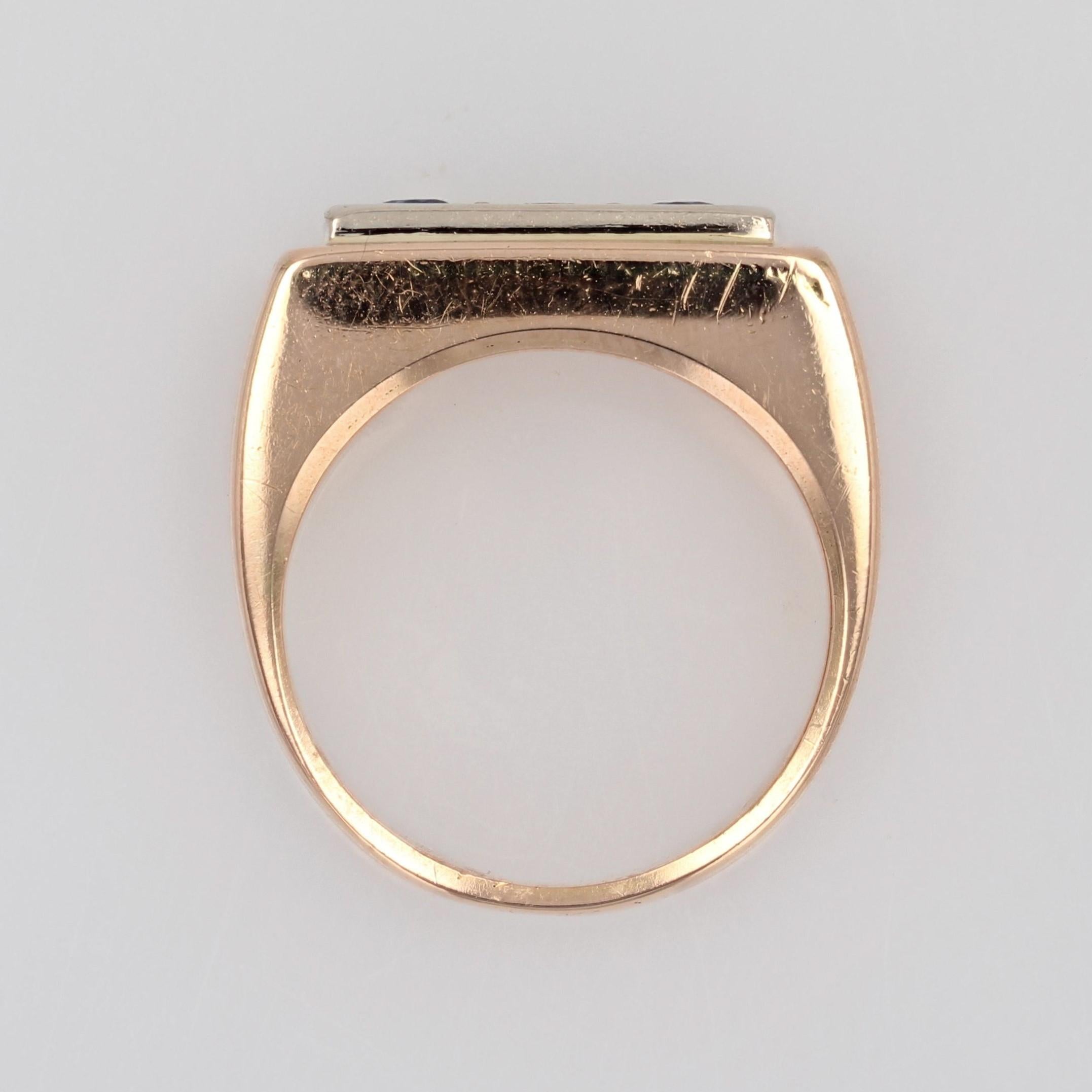 1940s Sapphire Diamond 18 Karat Rose Gold Tank Signet Ring For Sale 5