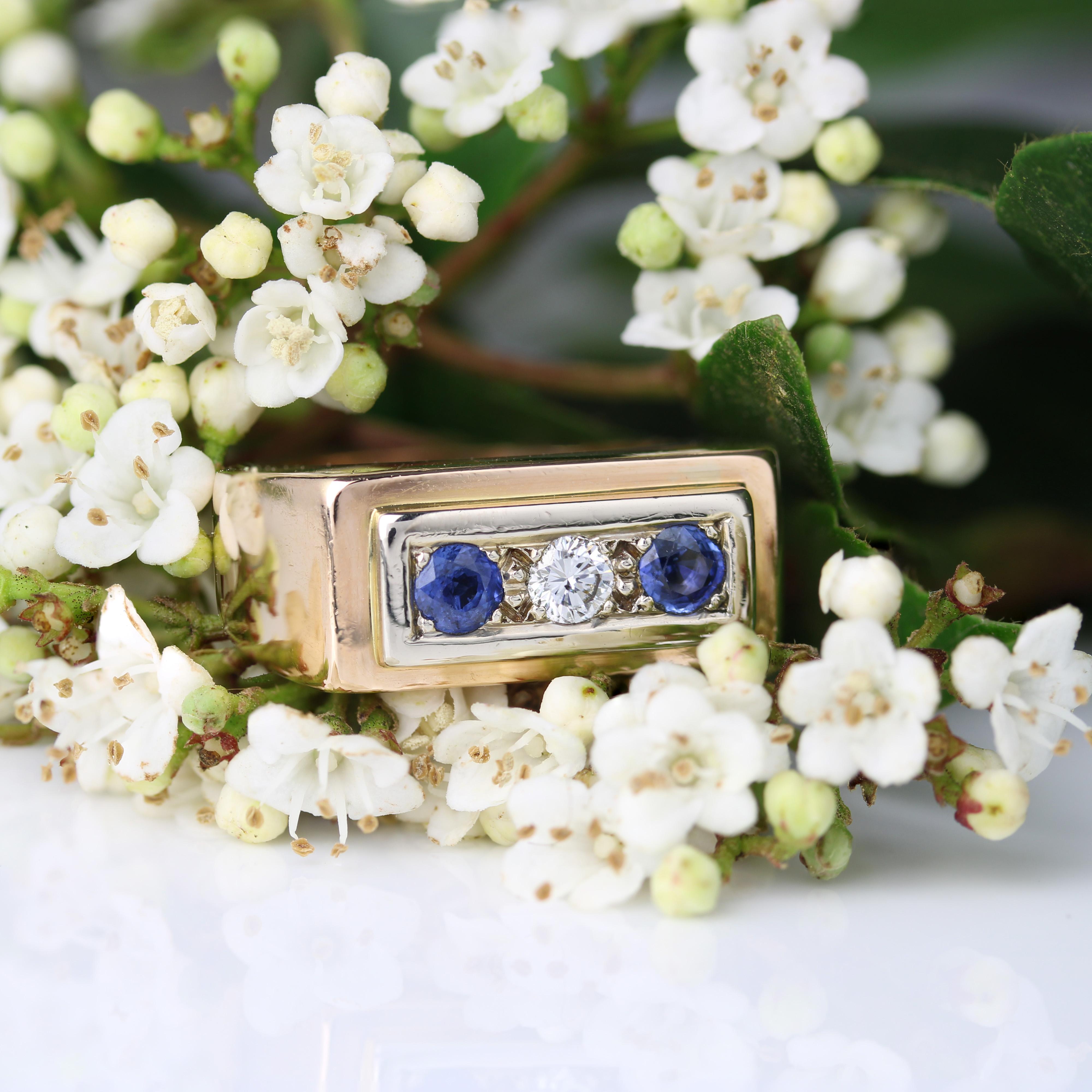 Retro 1940s Sapphire Diamond 18 Karat Rose Gold Tank Signet Ring For Sale
