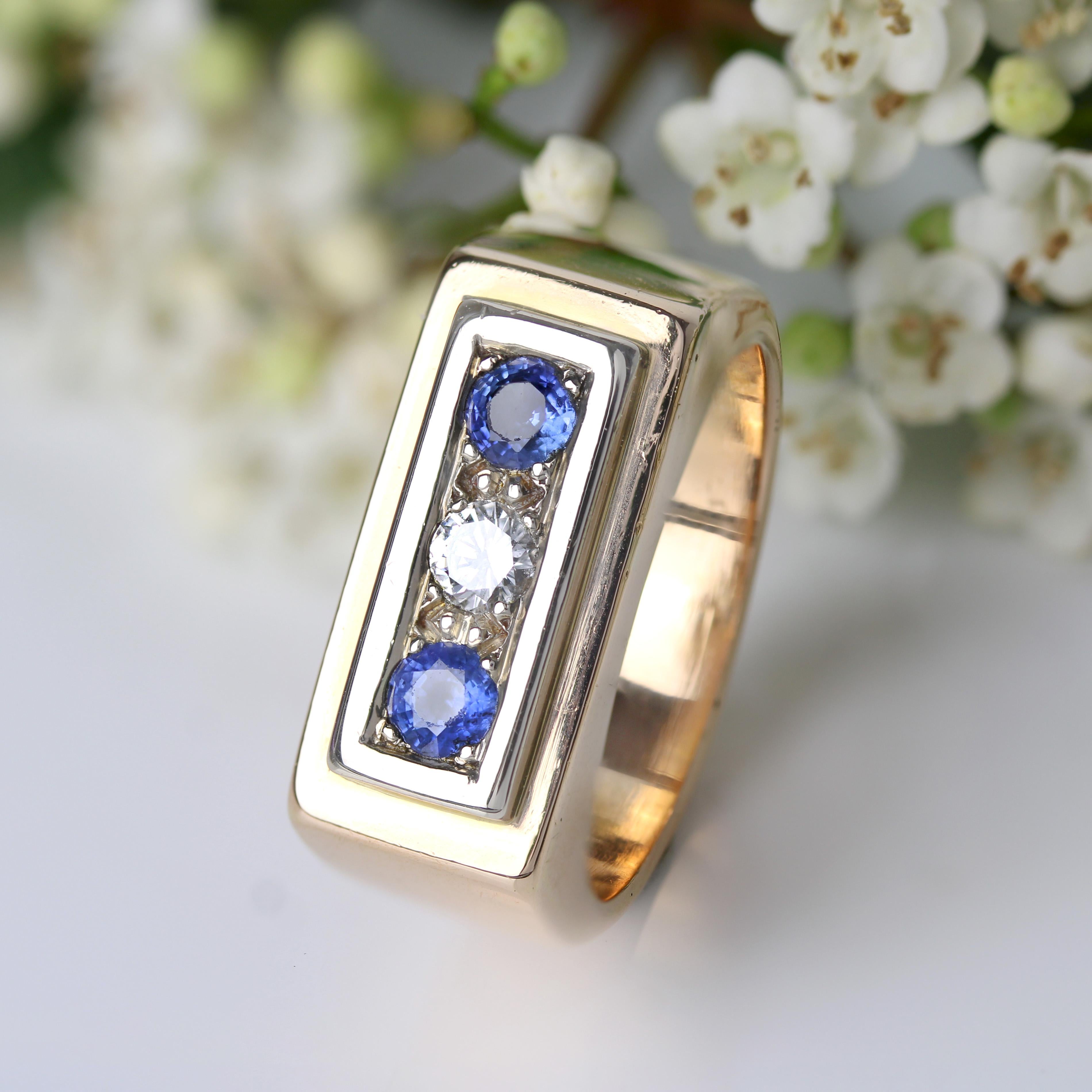 1940s Sapphire Diamond 18 Karat Rose Gold Tank Signet Ring For Sale 9