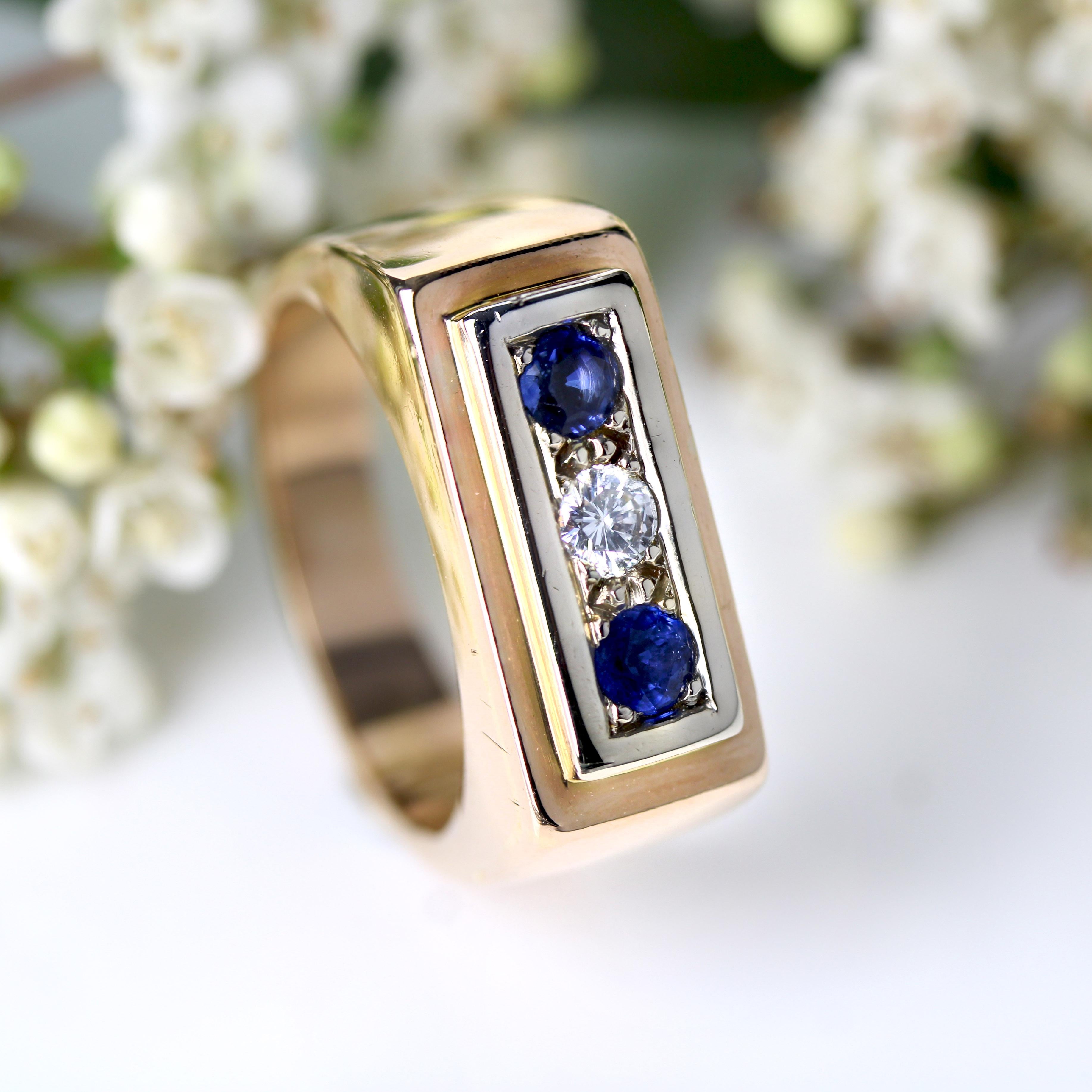 1940s Sapphire Diamond 18 Karat Rose Gold Tank Signet Ring For Sale 3