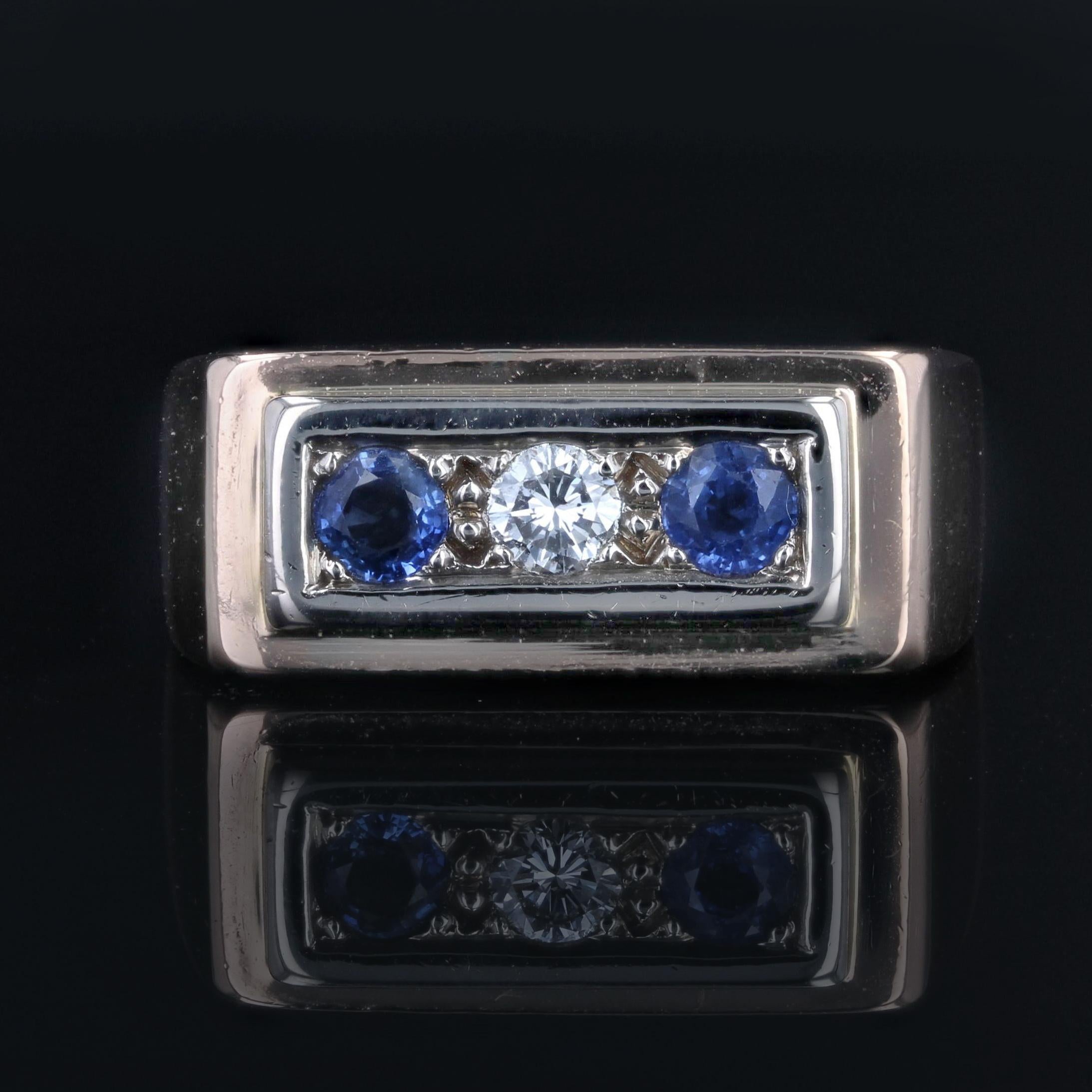 Retro 1940s Sapphire Diamond 18 Karat Rose Gold Tank Signet Ring For Sale