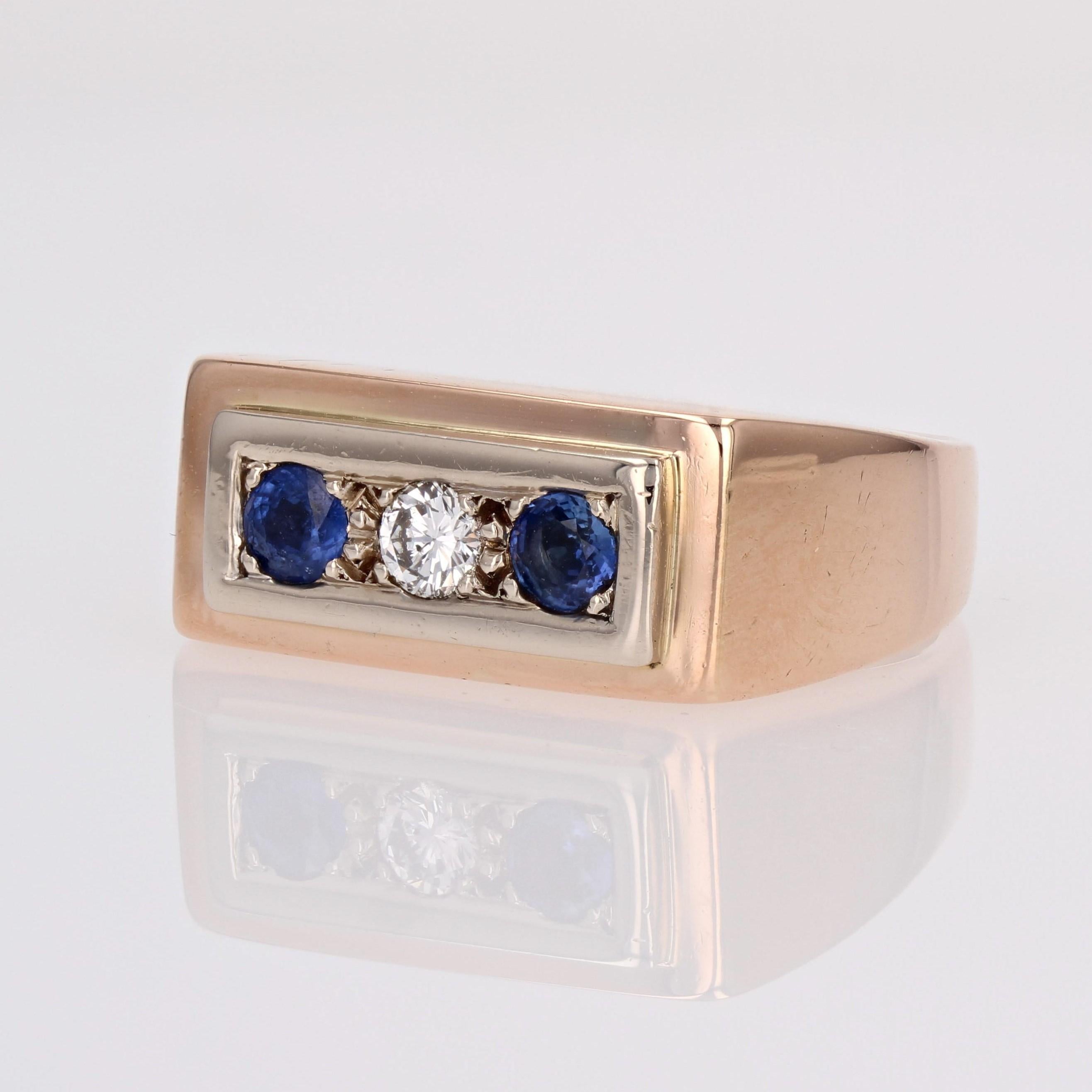 Women's or Men's 1940s Sapphire Diamond 18 Karat Rose Gold Tank Signet Ring For Sale