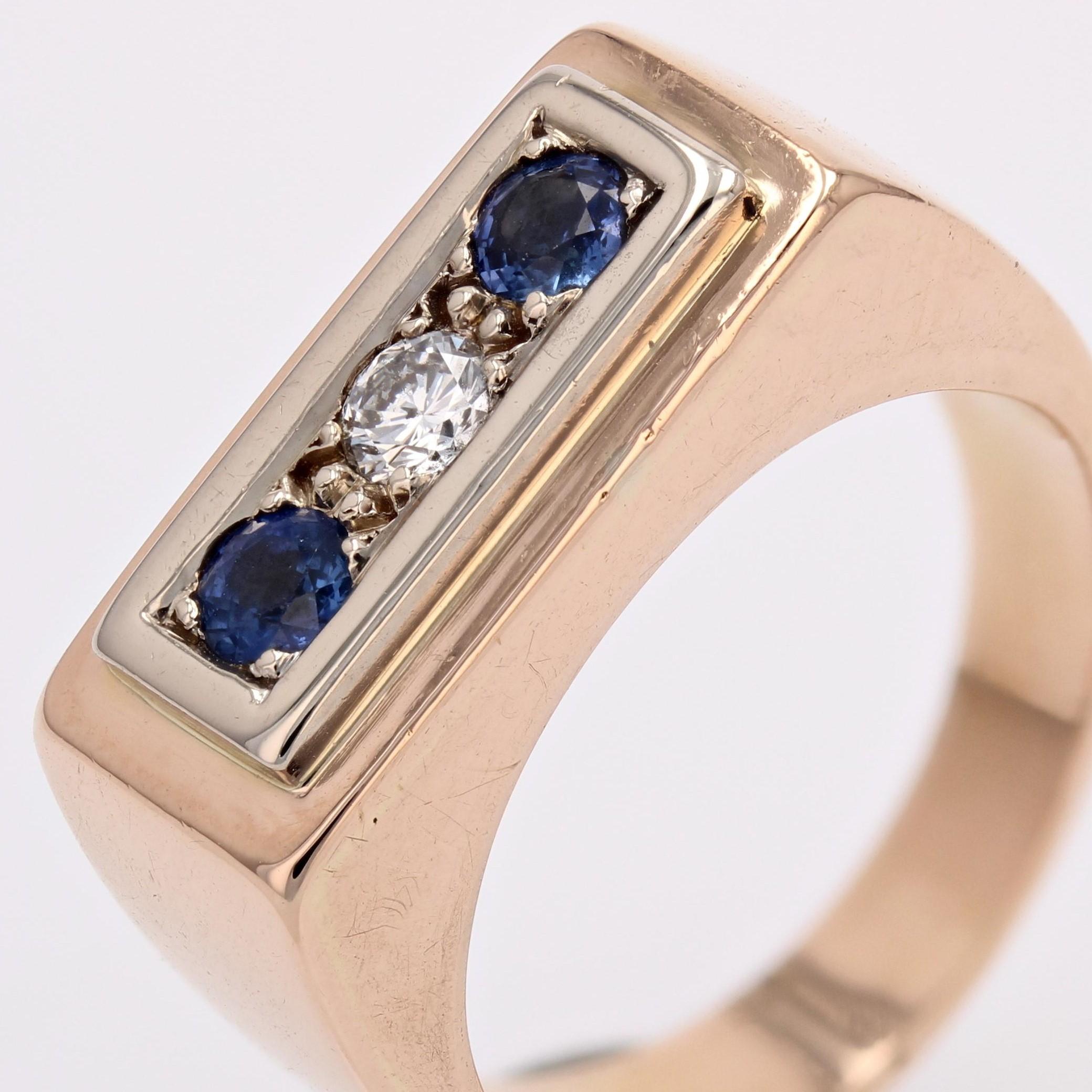 1940s Sapphire Diamond 18 Karat Rose Gold Tank Signet Ring For Sale 1