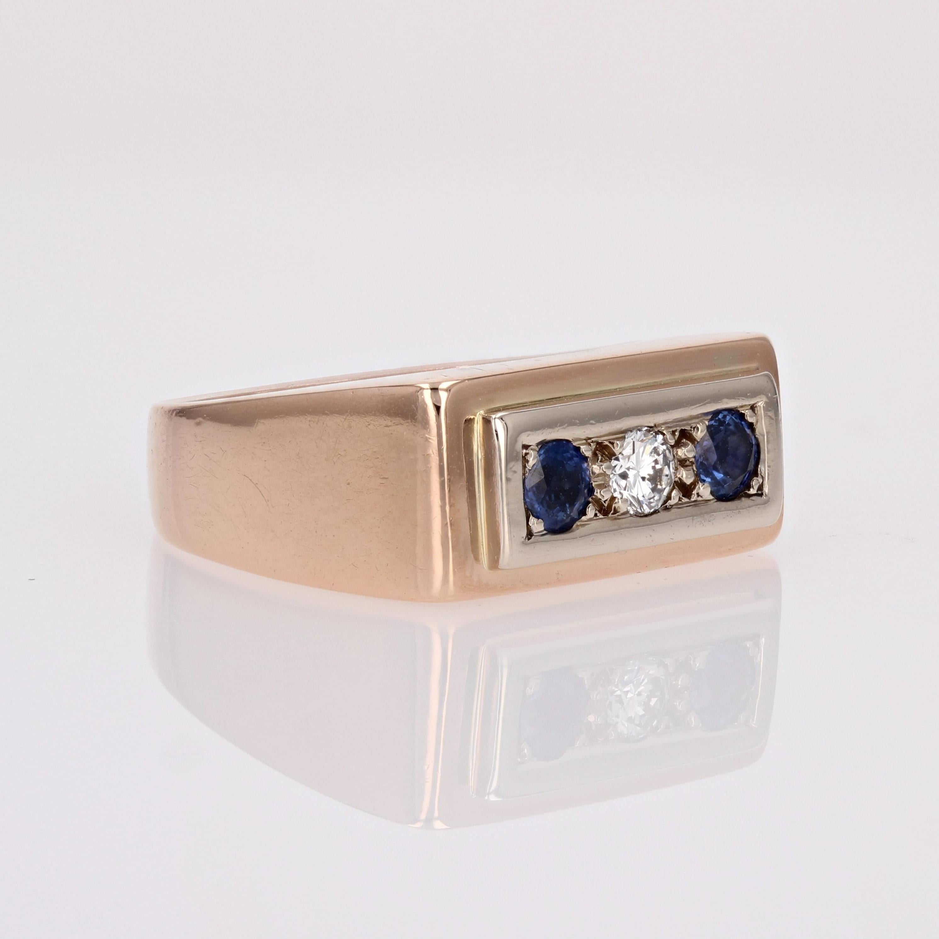 1940s Sapphire Diamond 18 Karat Rose Gold Tank Signet Ring For Sale 2