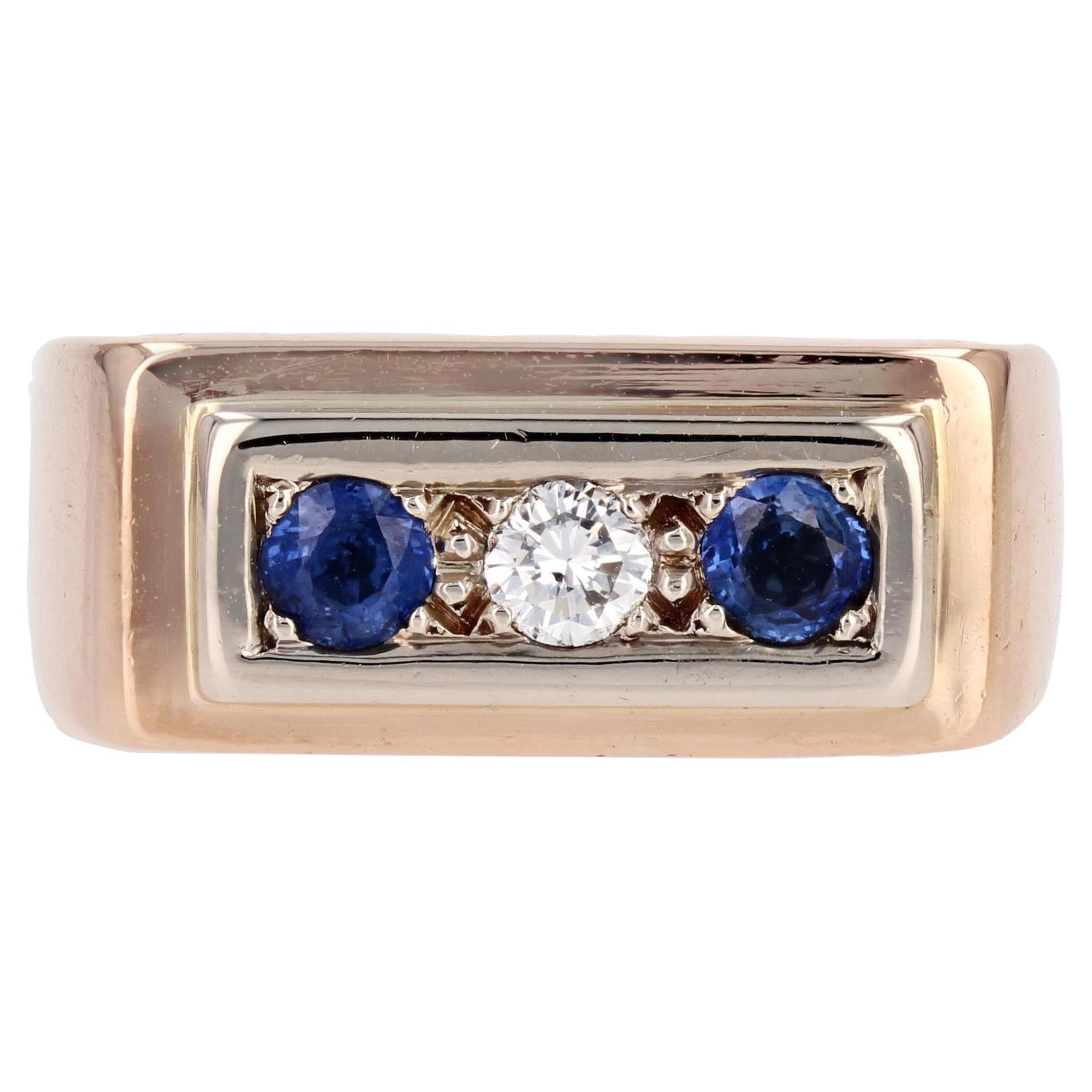 1940s Saphir Diamant Or Rose 18 Karat Tank Signet Ring