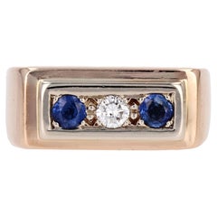 Vintage 1940s Sapphire Diamond 18 Karat Rose Gold Tank Signet Ring