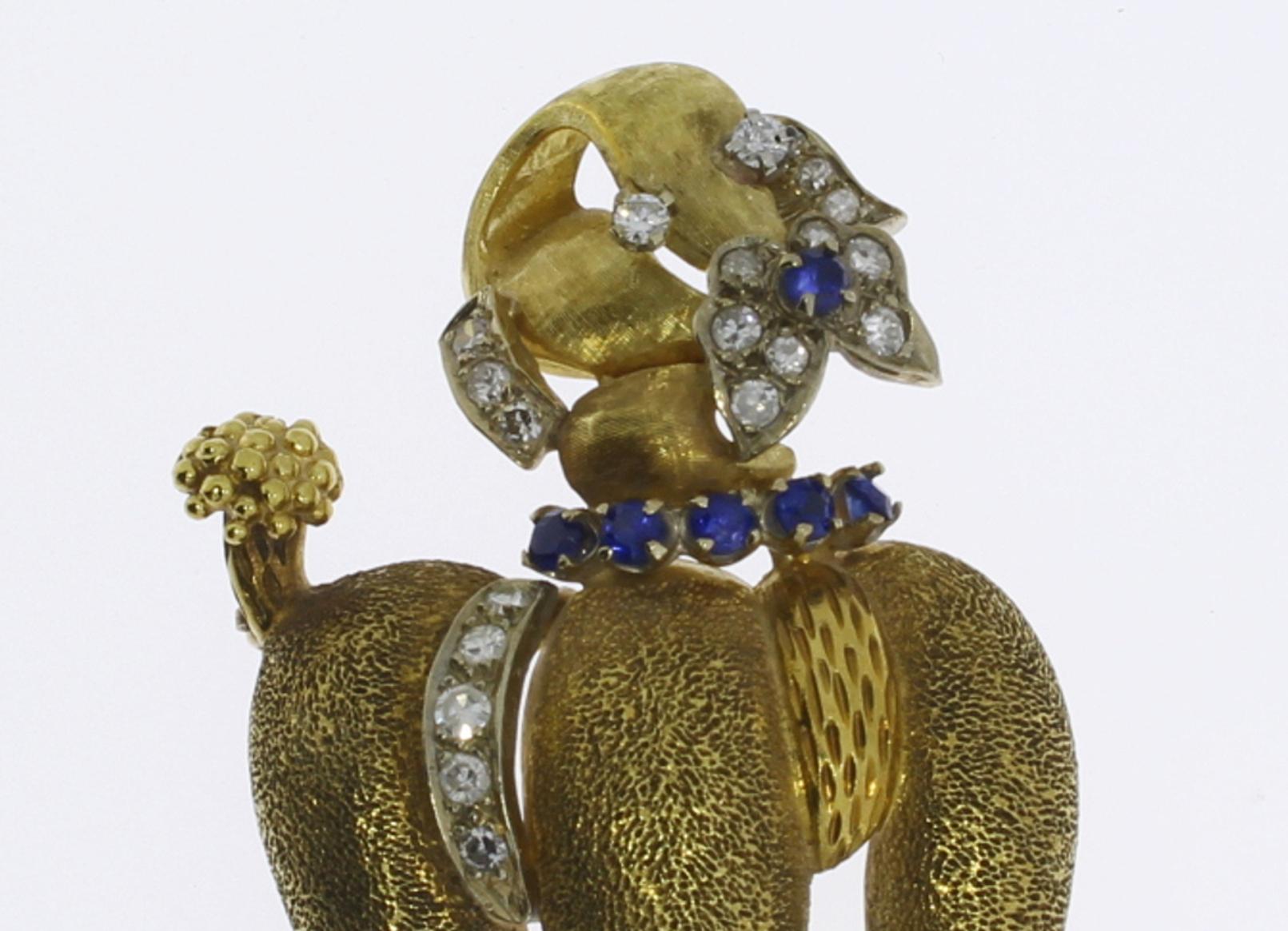 1940s Sapphire Diamond Gold Poodle Brooch For Sale 2