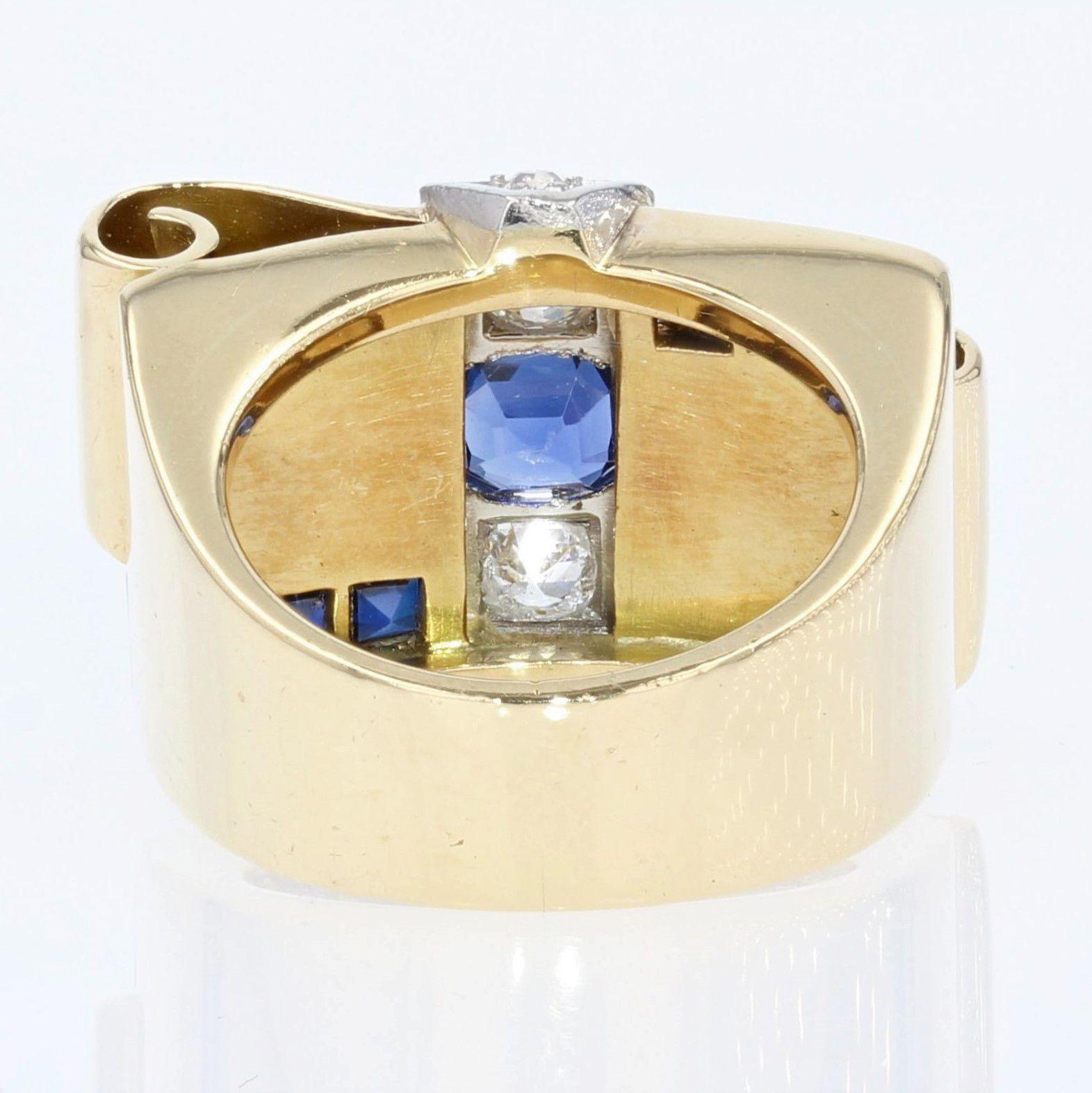 1940s Sapphire Diamonds 18 Karat Yellow Gold Knot Tank Ring 4