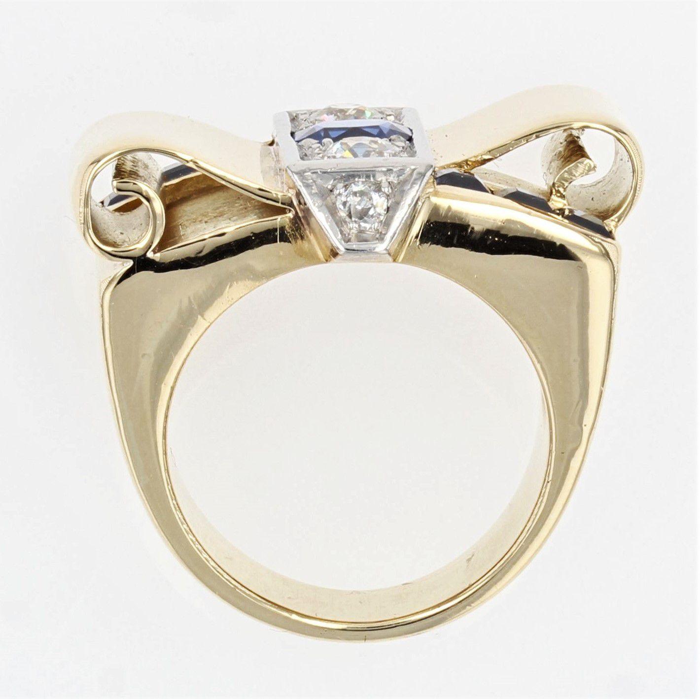 1940s Sapphire Diamonds 18 Karat Yellow Gold Knot Tank Ring 5