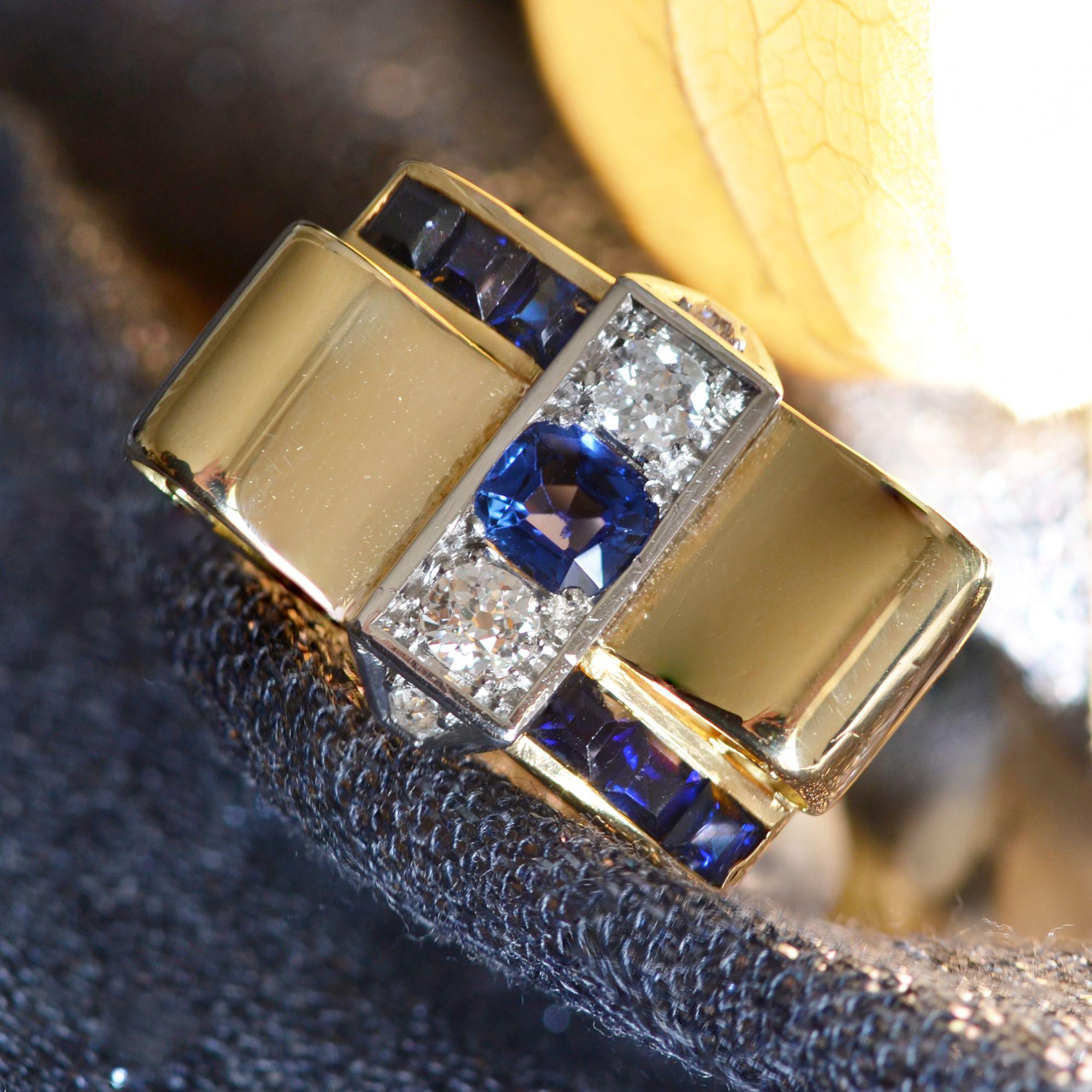 1940s Sapphire Diamonds 18 Karat Yellow Gold Knot Tank Ring 6