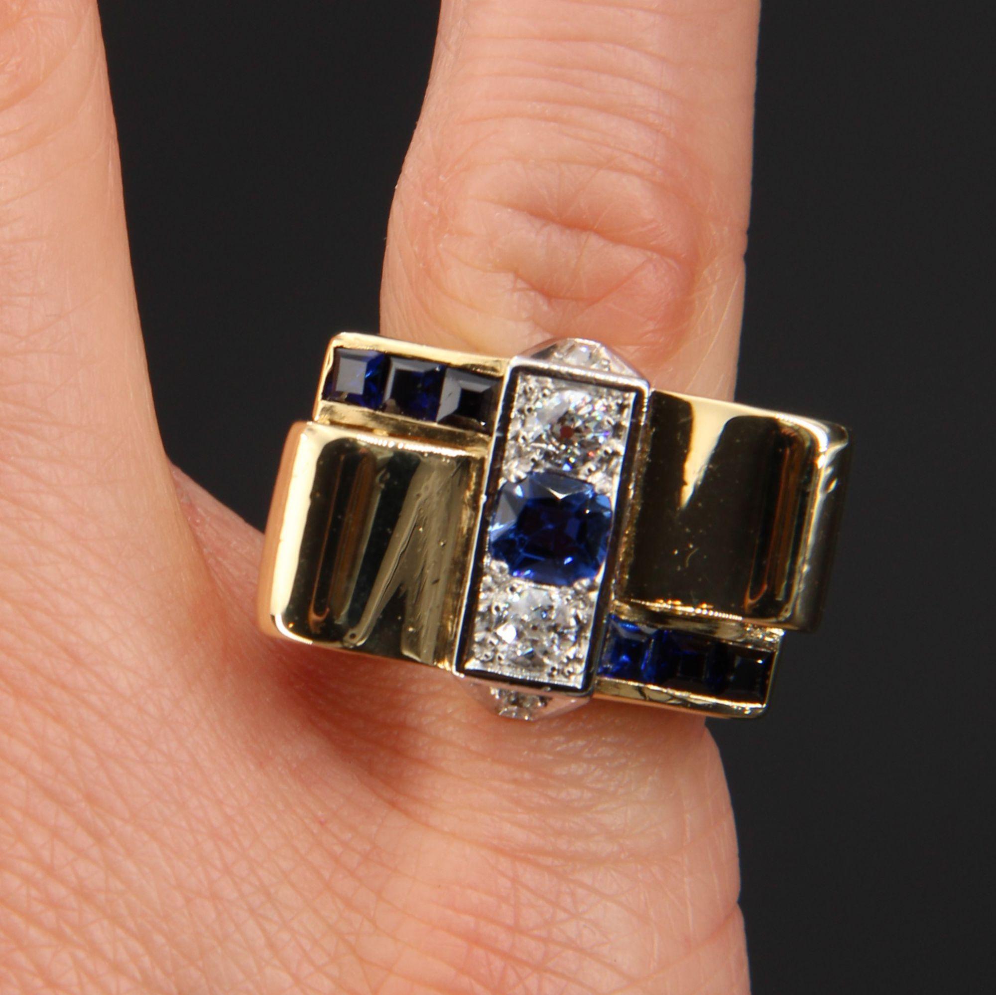 1940s Sapphire Diamonds 18 Karat Yellow Gold Knot Tank Ring In Good Condition In Poitiers, FR