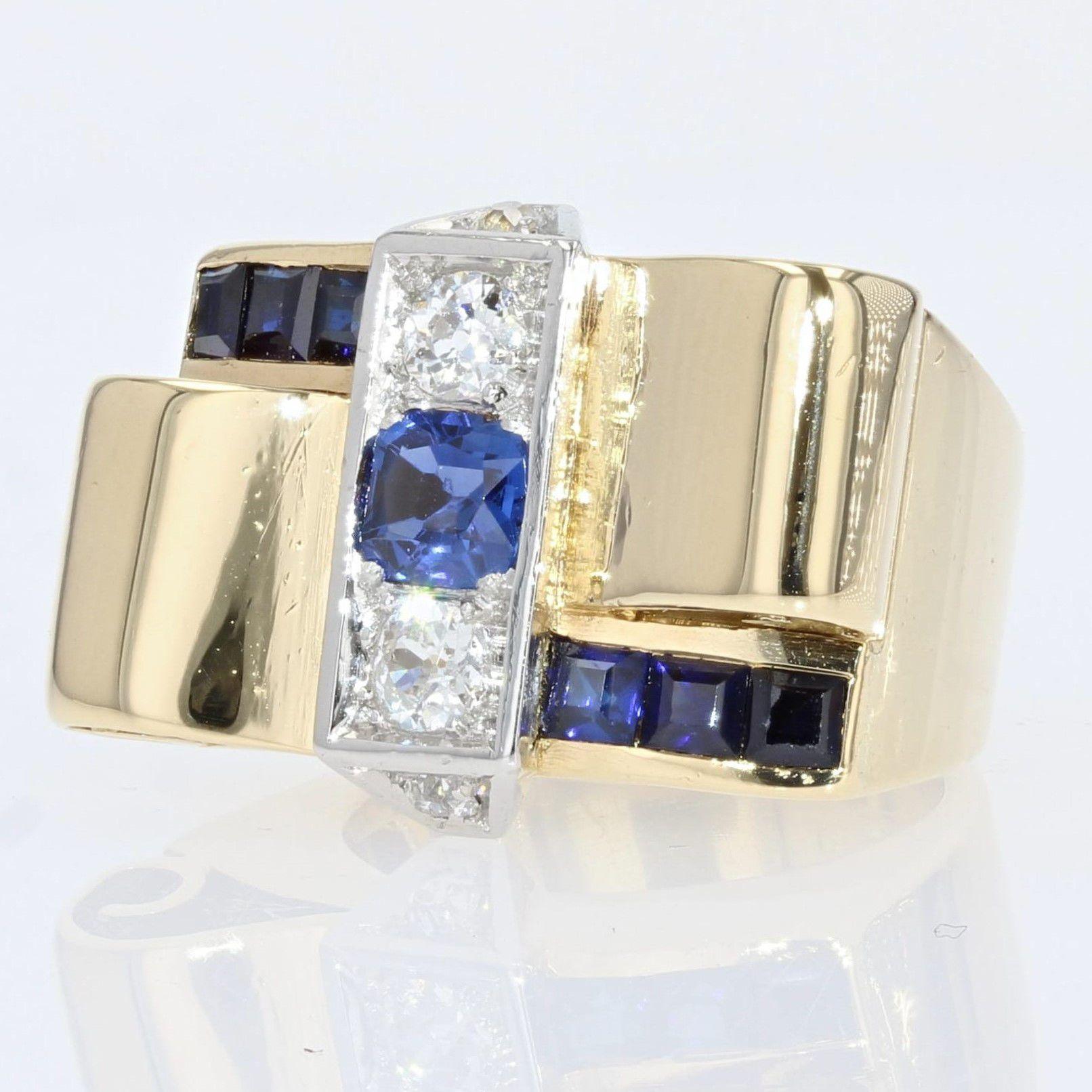 Women's 1940s Sapphire Diamonds 18 Karat Yellow Gold Knot Tank Ring