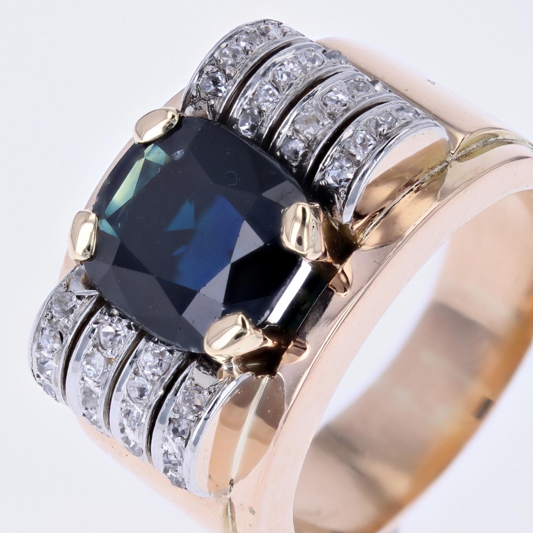 1940s Sapphire Diamonds 18 Karat Yellow Gold Tank Ring For Sale 4