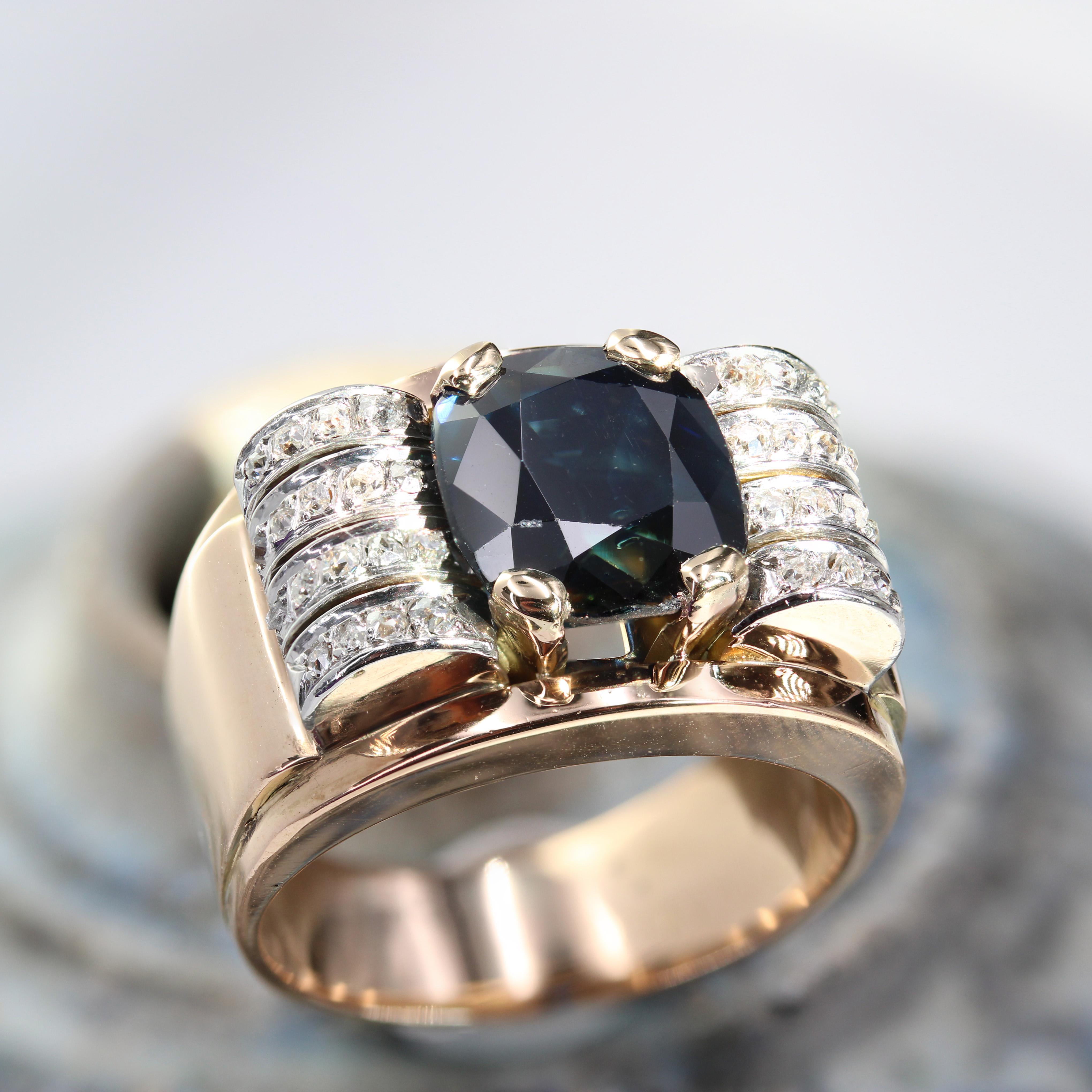 1940s Sapphire Diamonds 18 Karat Yellow Gold Tank Ring For Sale 5