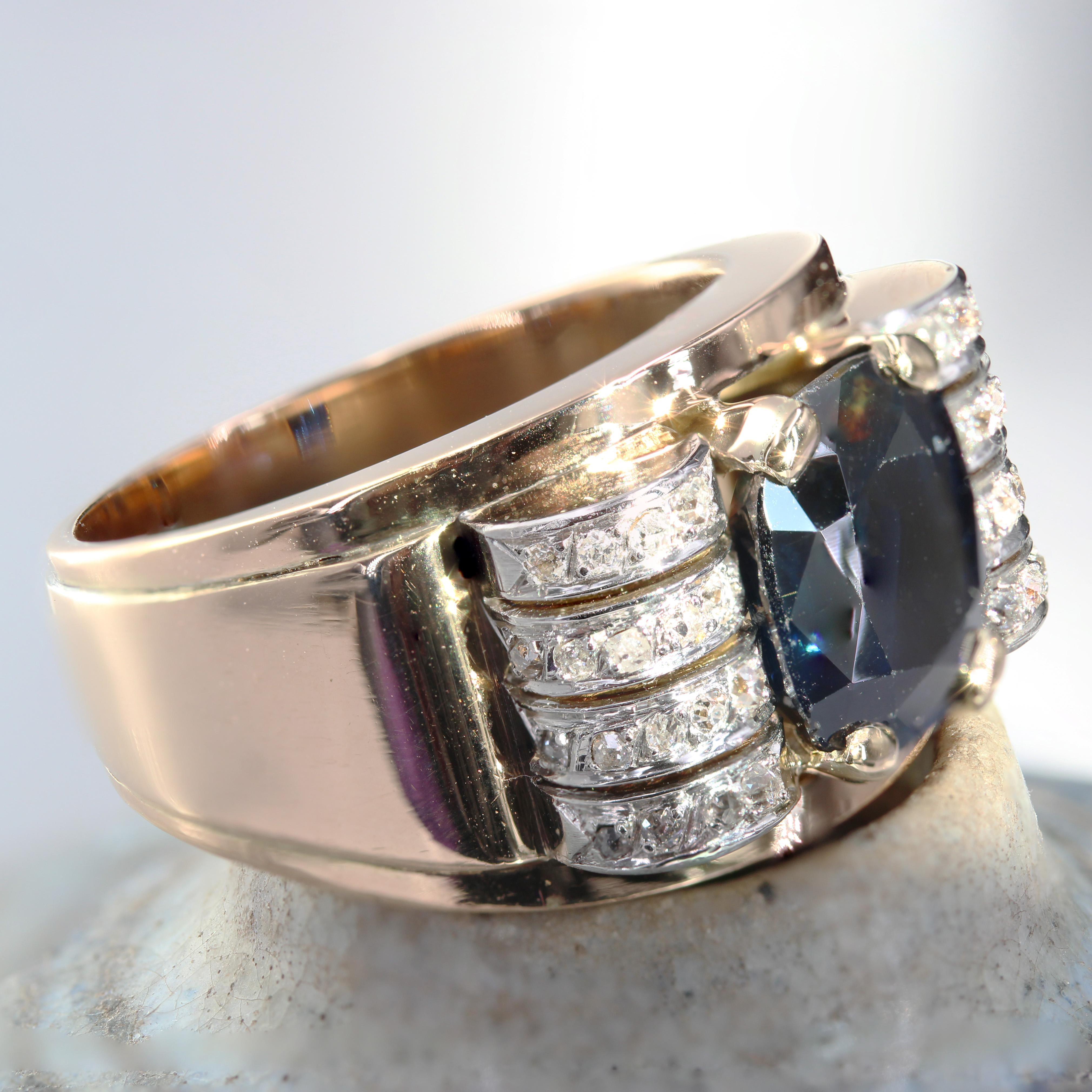 1940s Sapphire Diamonds 18 Karat Yellow Gold Tank Ring For Sale 7