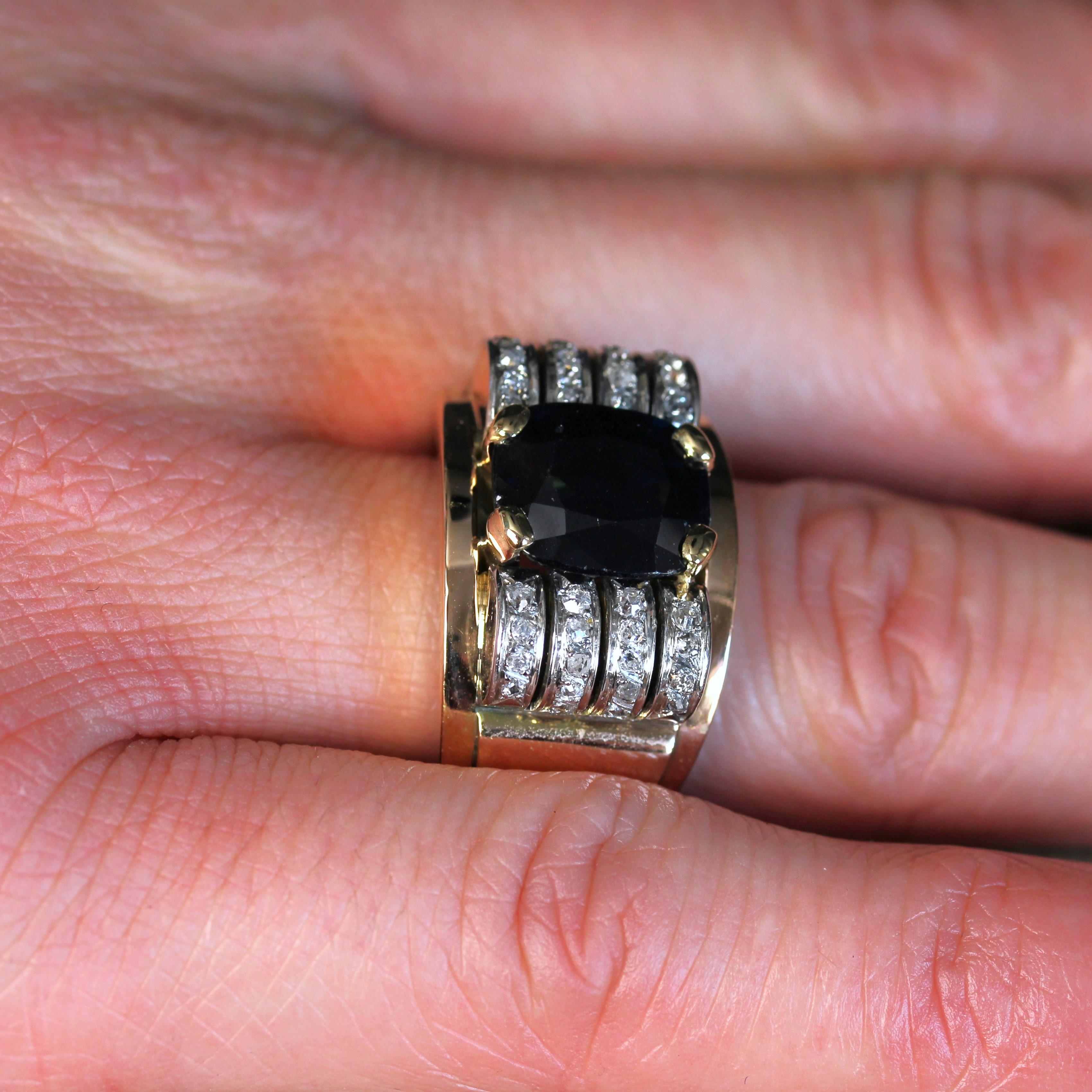 1940s Sapphire Diamonds 18 Karat Yellow Gold Tank Ring For Sale 8