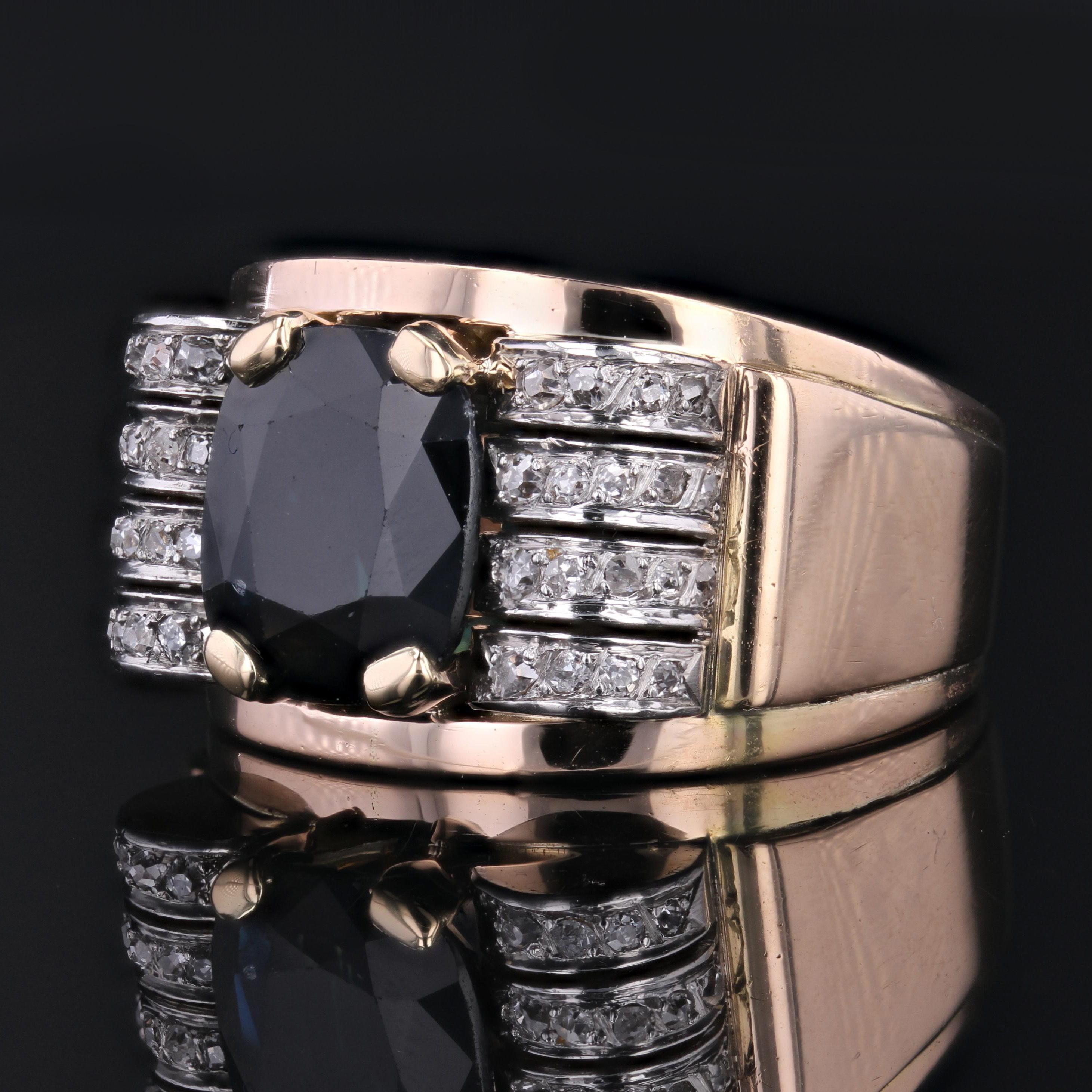 1940s Sapphire Diamonds 18 Karat Yellow Gold Tank Ring For Sale 1