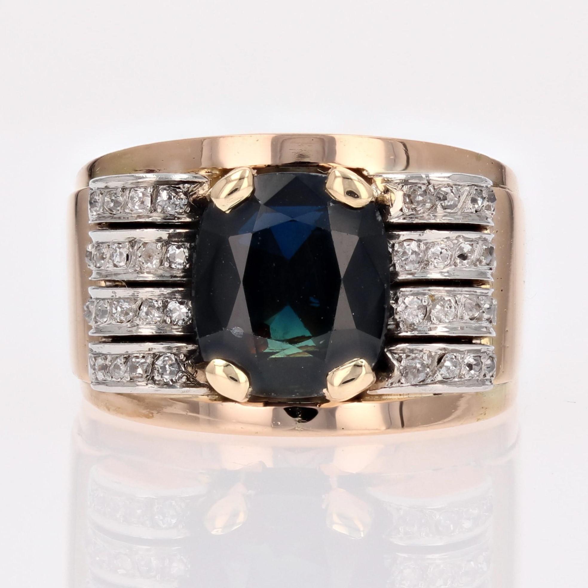 1940s Sapphire Diamonds 18 Karat Yellow Gold Tank Ring For Sale 2