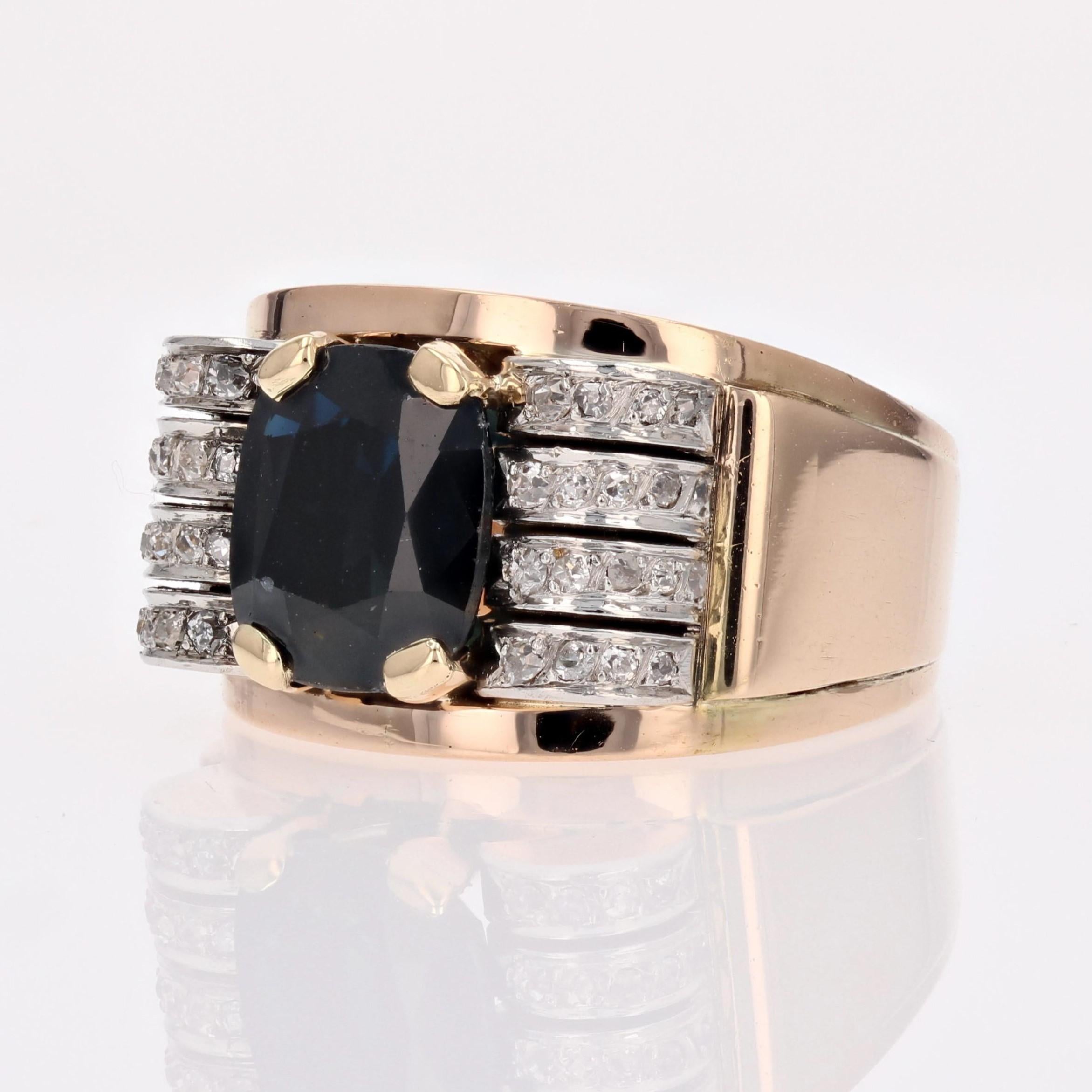 1940s Sapphire Diamonds 18 Karat Yellow Gold Tank Ring For Sale 3