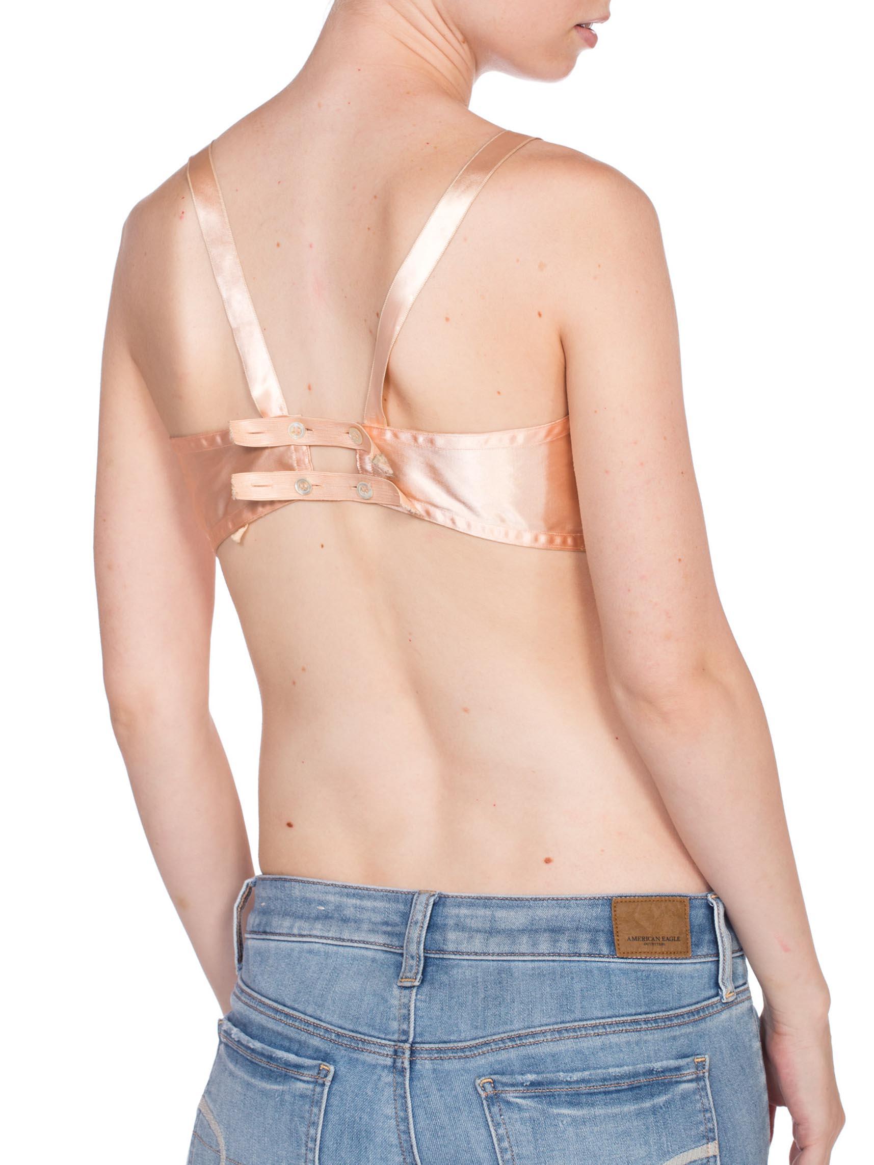 Orange 1940'S Nude Peach Cotton & Rayon Satin Bra From Paris With Mother-Of-Pearl Butt For Sale