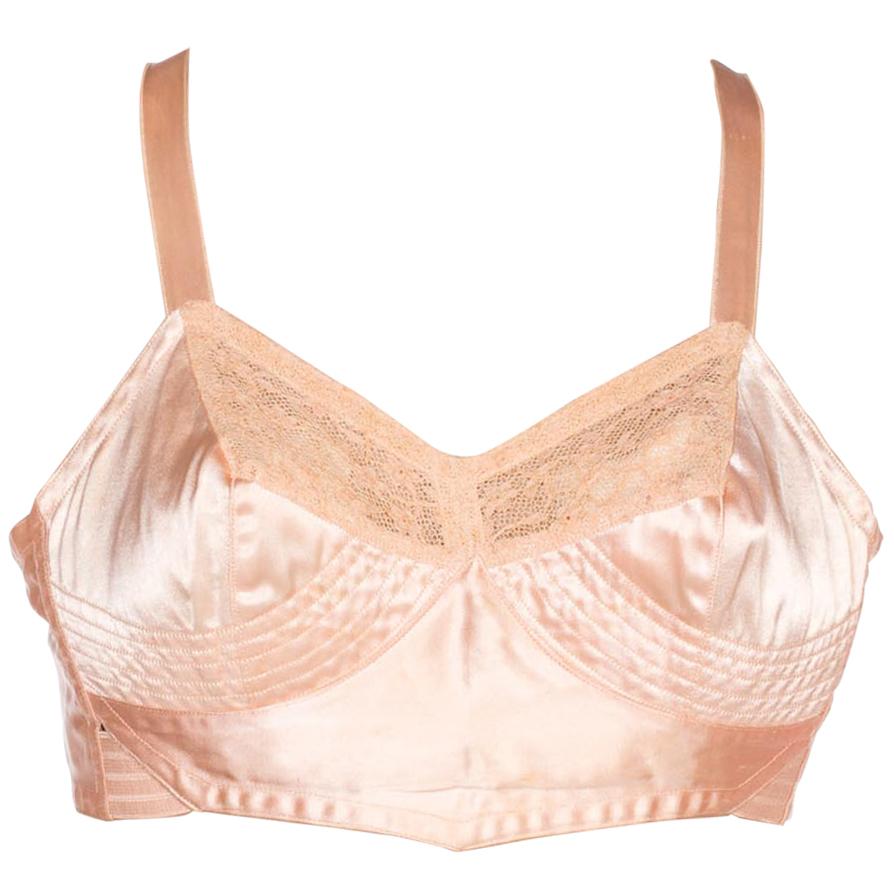 1940'S Nude Peach Cotton & Rayon Satin Bra From Paris With Mother-Of-Pearl Butt