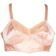 Used 1940'S Nude Peach Cotton & Rayon Satin Bra From Paris With Mother-Of-Pearl Butt