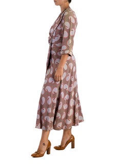 1940S SAYBURY Tan & Blue Cold Rayon  Paisley Wrap Dress With Large Button Closu