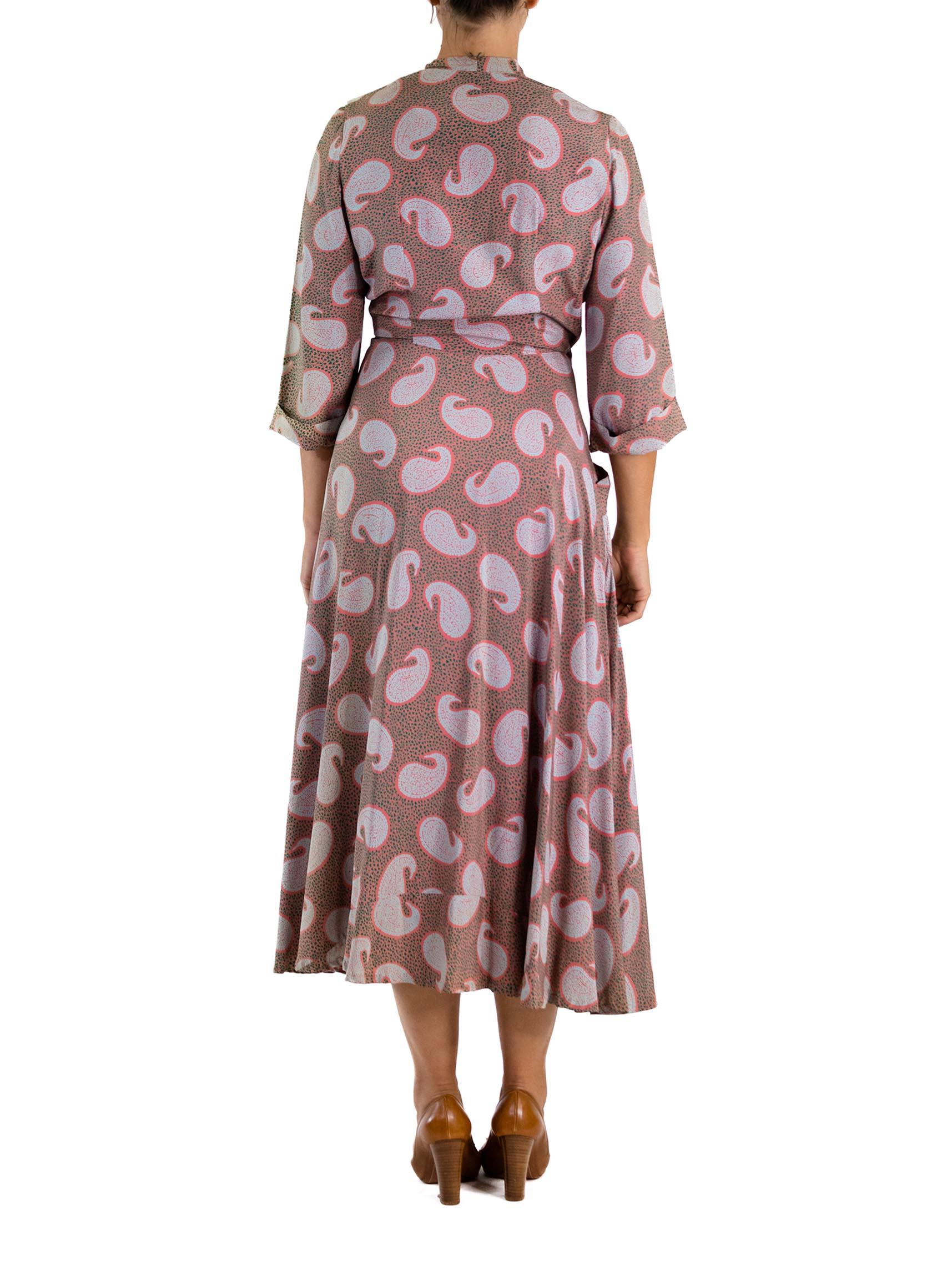 Women's 1940S SAYBURY Tan & Blue Cold Rayon  Paisley Wrap Dress With Large Button Closu For Sale