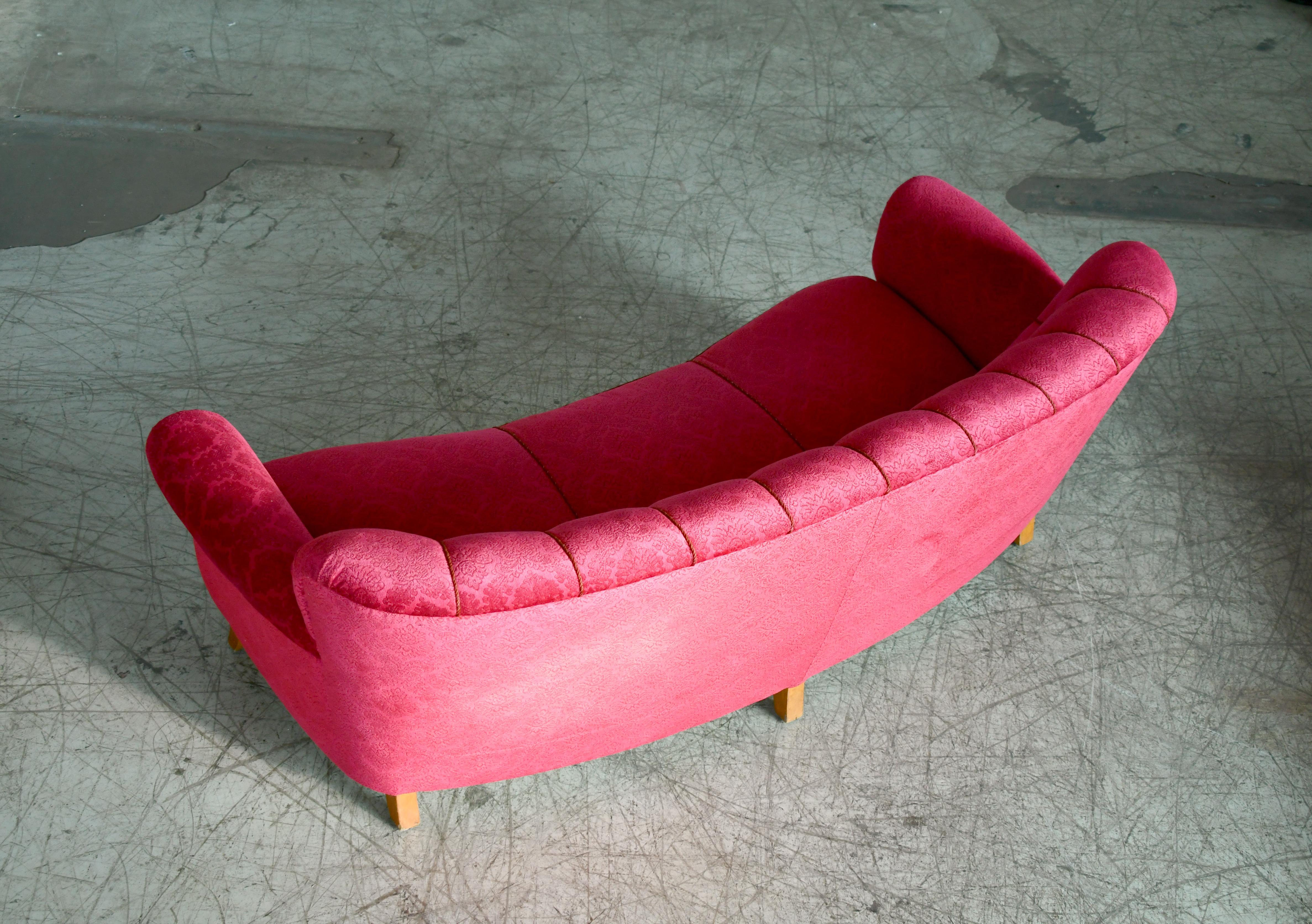 Velvet 1940s Scandinavian Modern Curved Sofa in the Style of Carl-Johan Boman