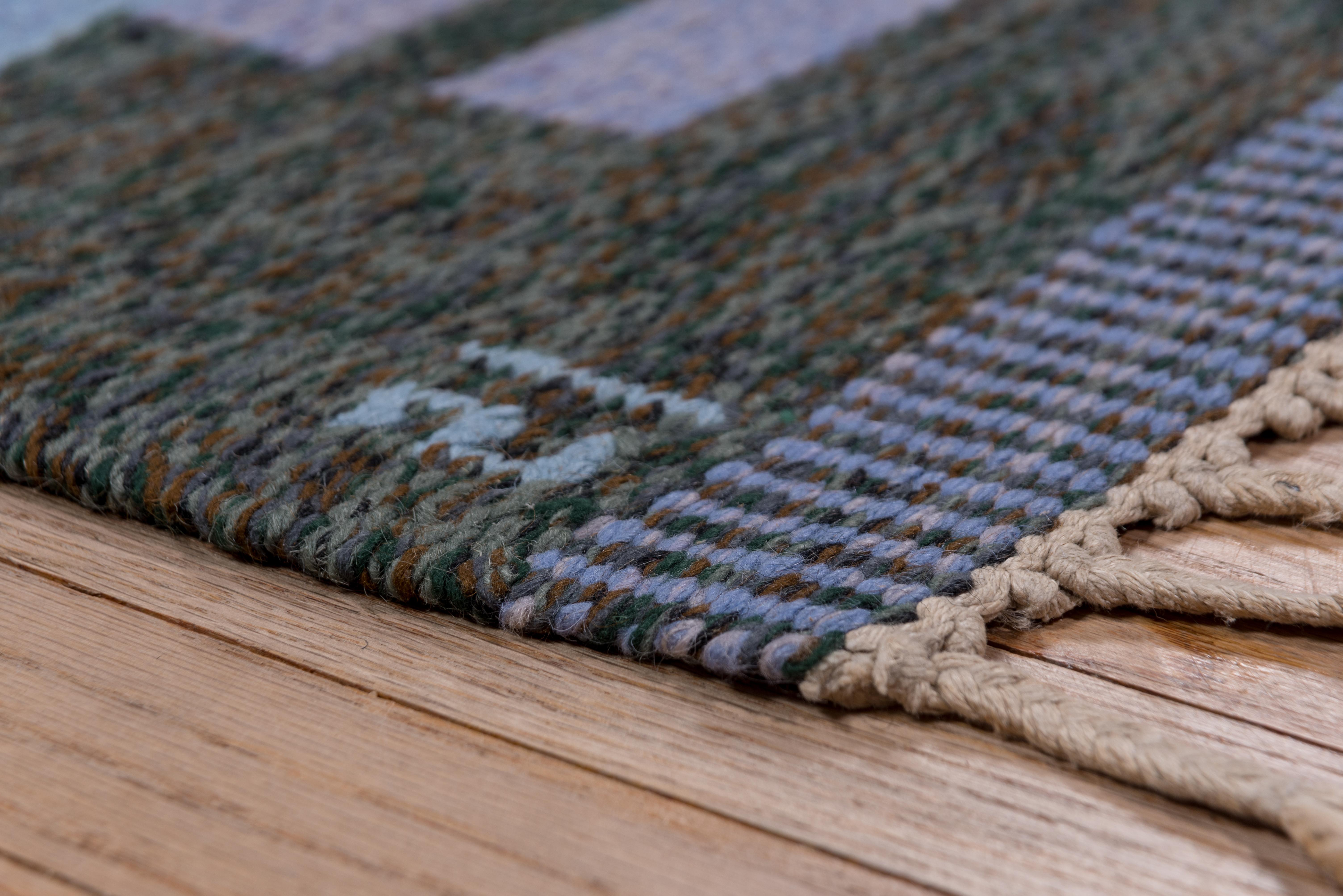 Hand-Woven 1940s Scandinavian Rollaken Flatweave Rug, Blue Field, Charcoal Gray Border