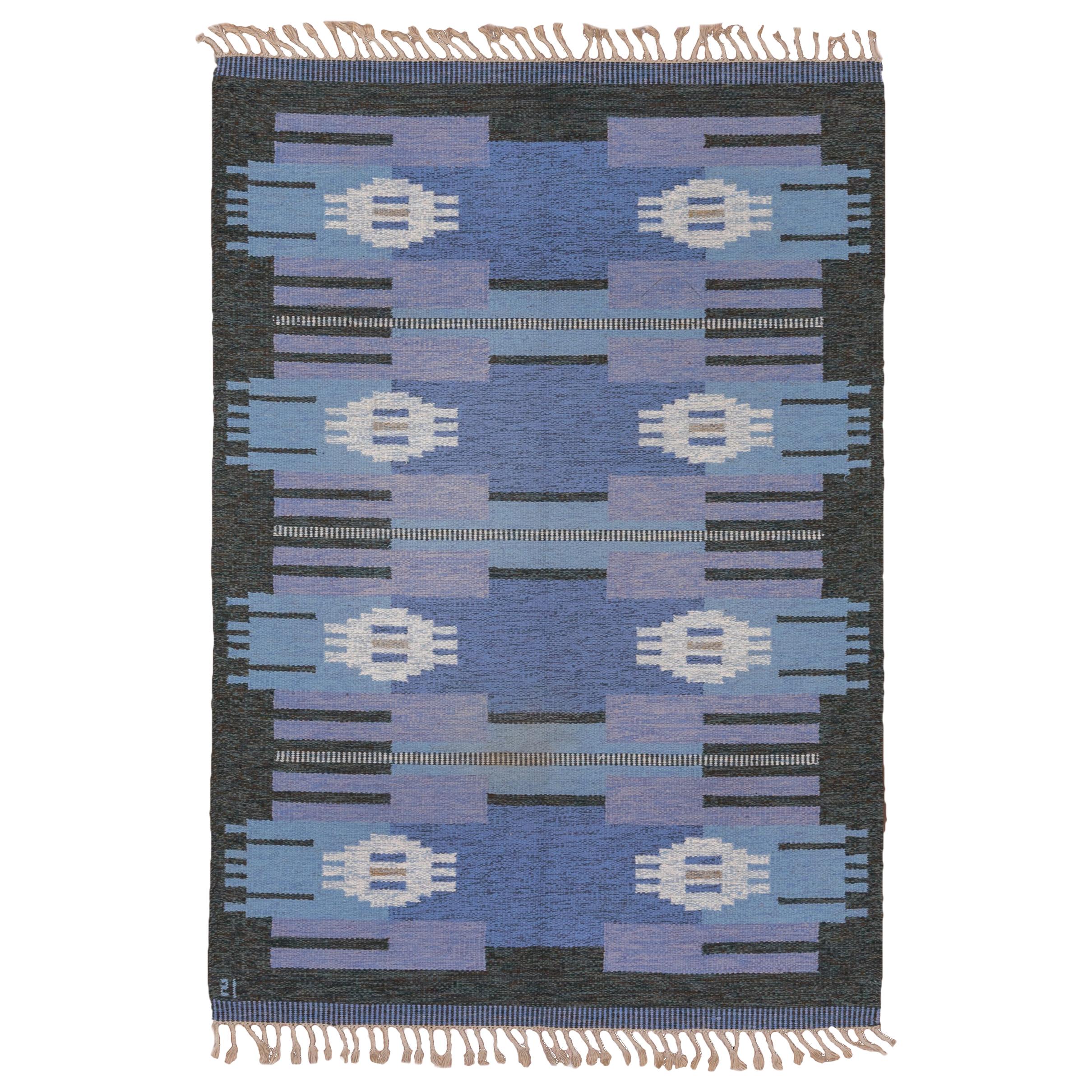 1940s Scandinavian Rollaken Flatweave Rug, Blue Field, Charcoal Gray Border