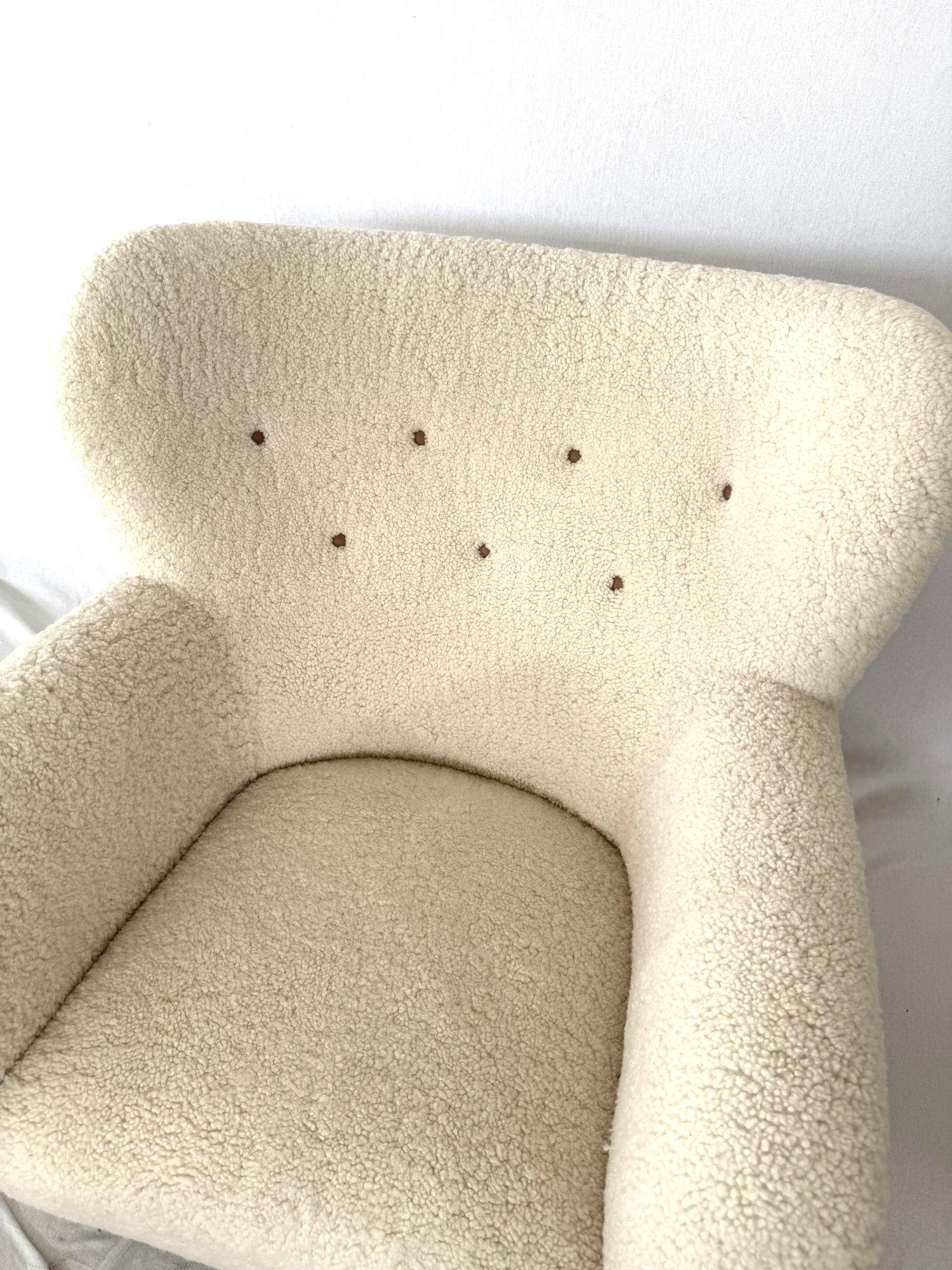 1940's Scandinavian Sheepskin Lounge Chair. Birch Feet. New Sheepskin Upholstery.