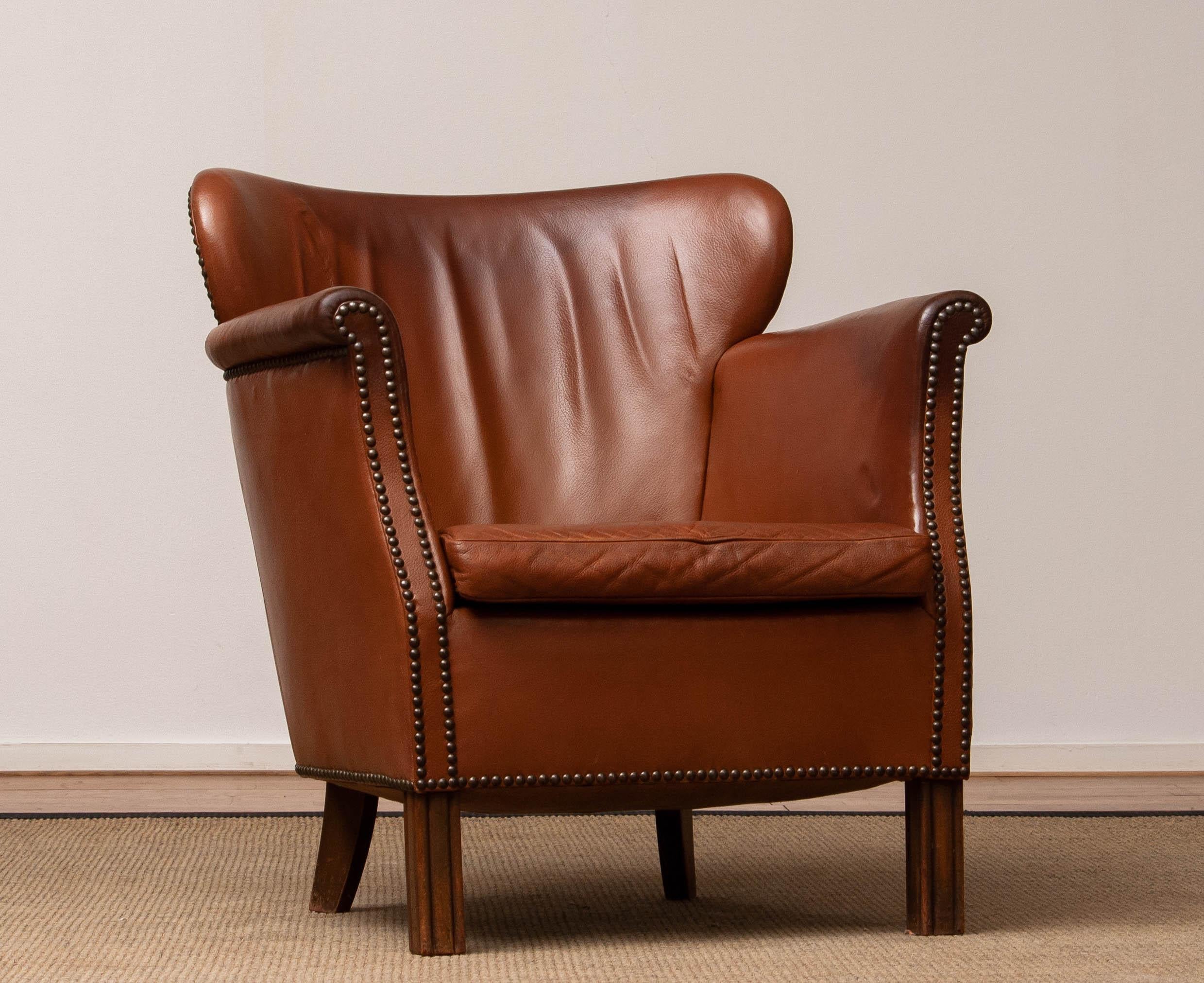 1940's Scandinavian Tan / Brown Nailed Leather Club / Cigar Chair from Denmark 4