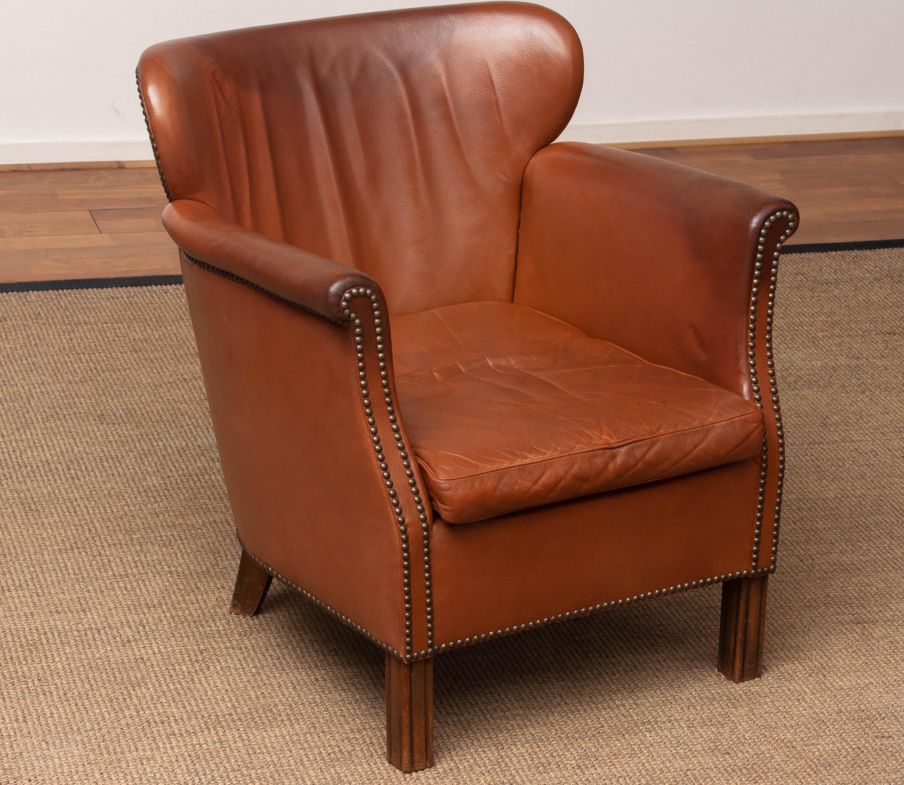 1940's Scandinavian Tan / Brown Nailed Leather Club / Cigar Chair from Denmark 5