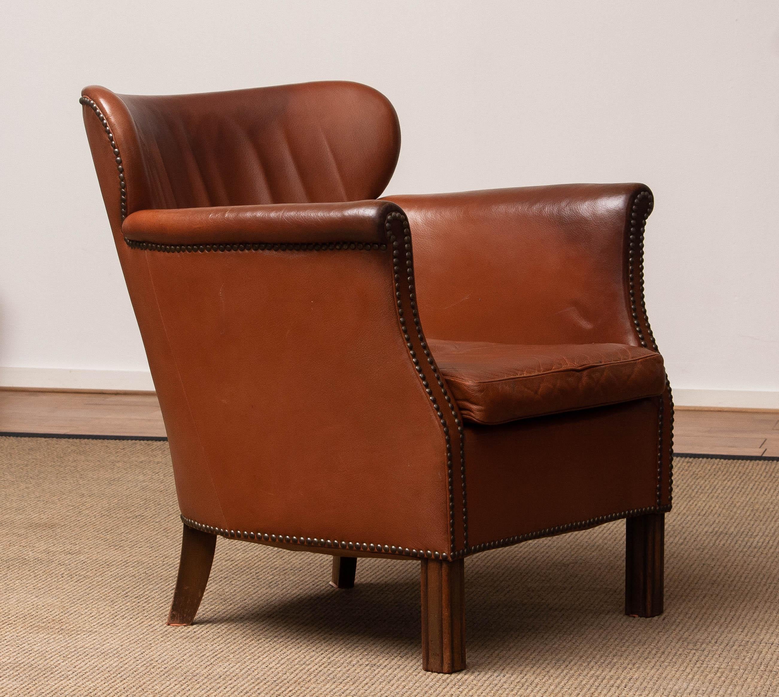 Chesterfield 1940's Scandinavian Tan / Brown Nailed Leather Club / Cigar Chair from Denmark