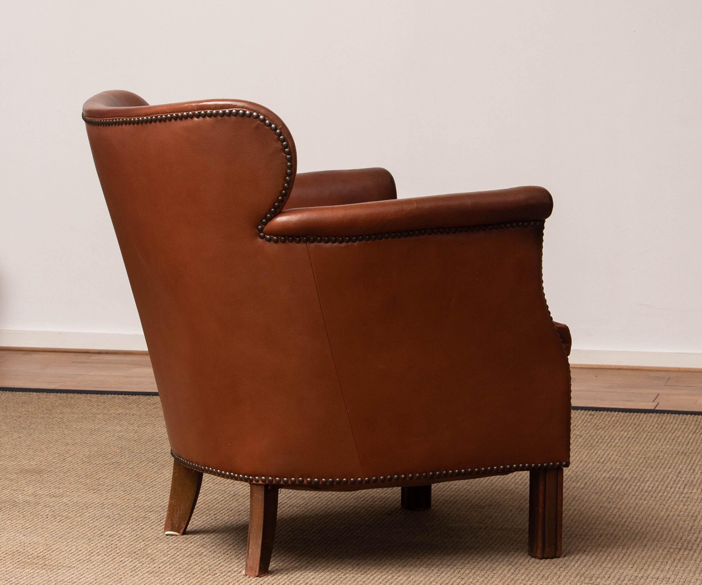 Danish 1940's Scandinavian Tan / Brown Nailed Leather Club / Cigar Chair from Denmark