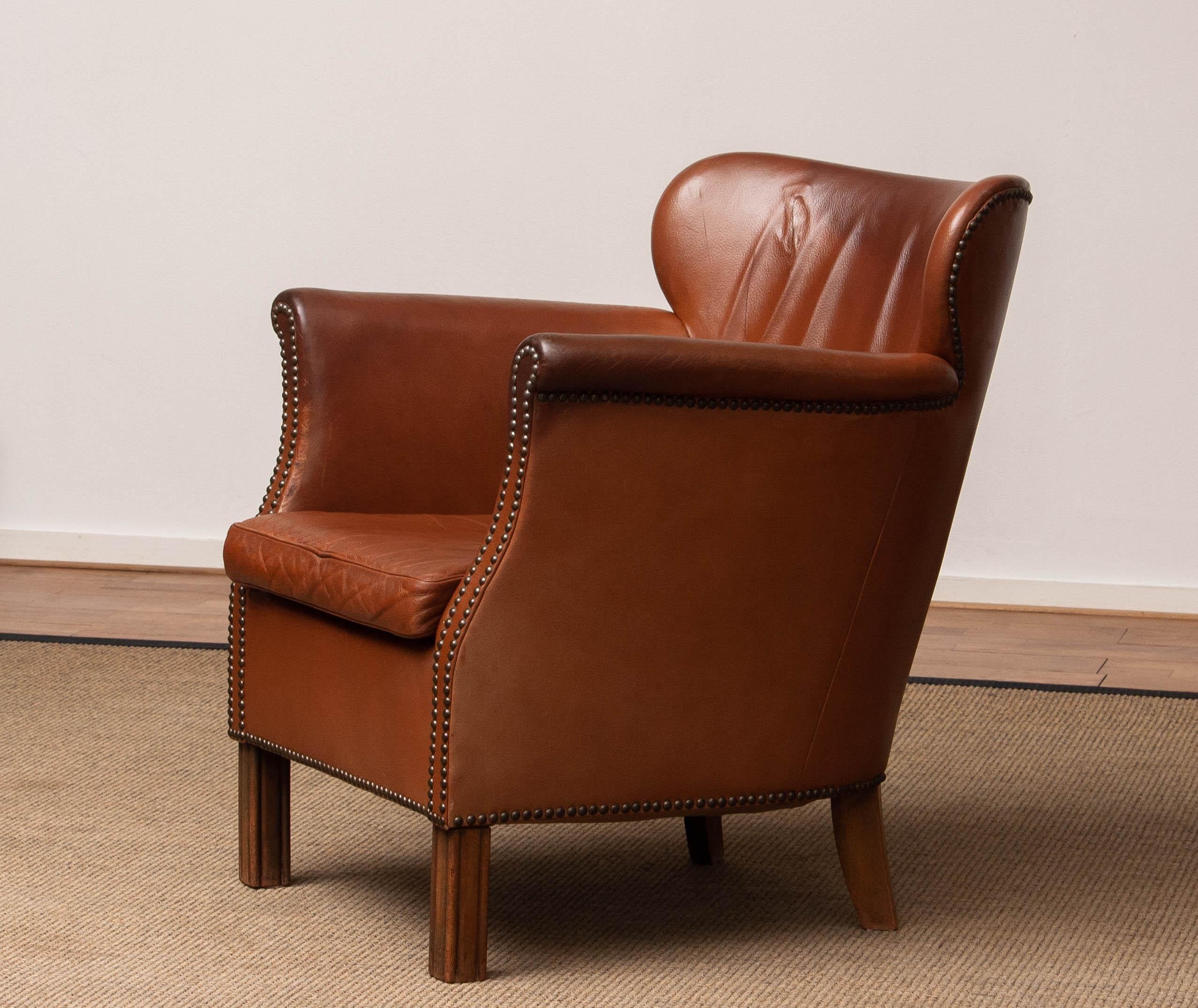 Mid-20th Century 1940's Scandinavian Tan / Brown Nailed Leather Club / Cigar Chair from Denmark