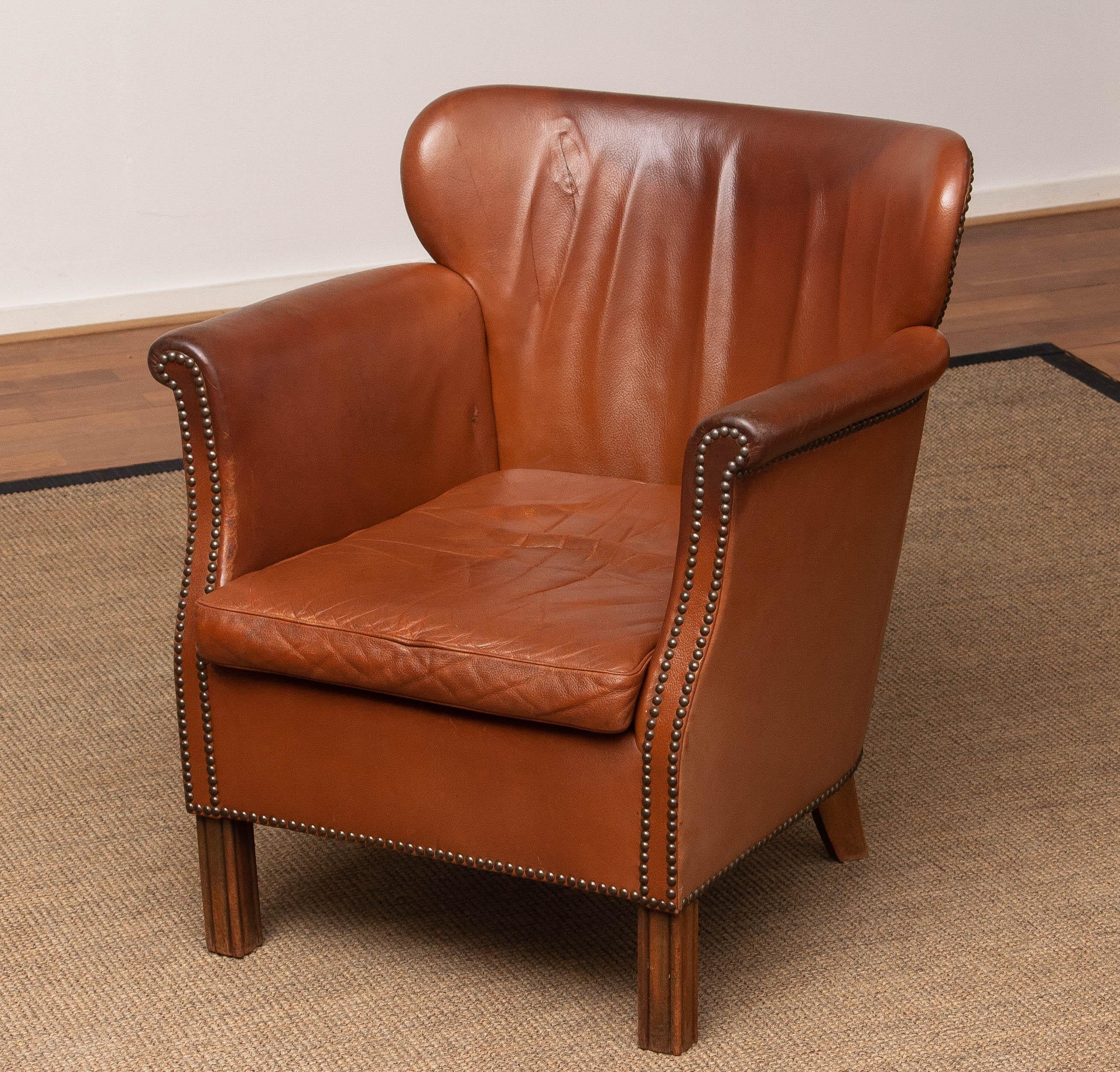 1940's Scandinavian Tan / Brown Nailed Leather Club / Cigar Chair from Denmark 1