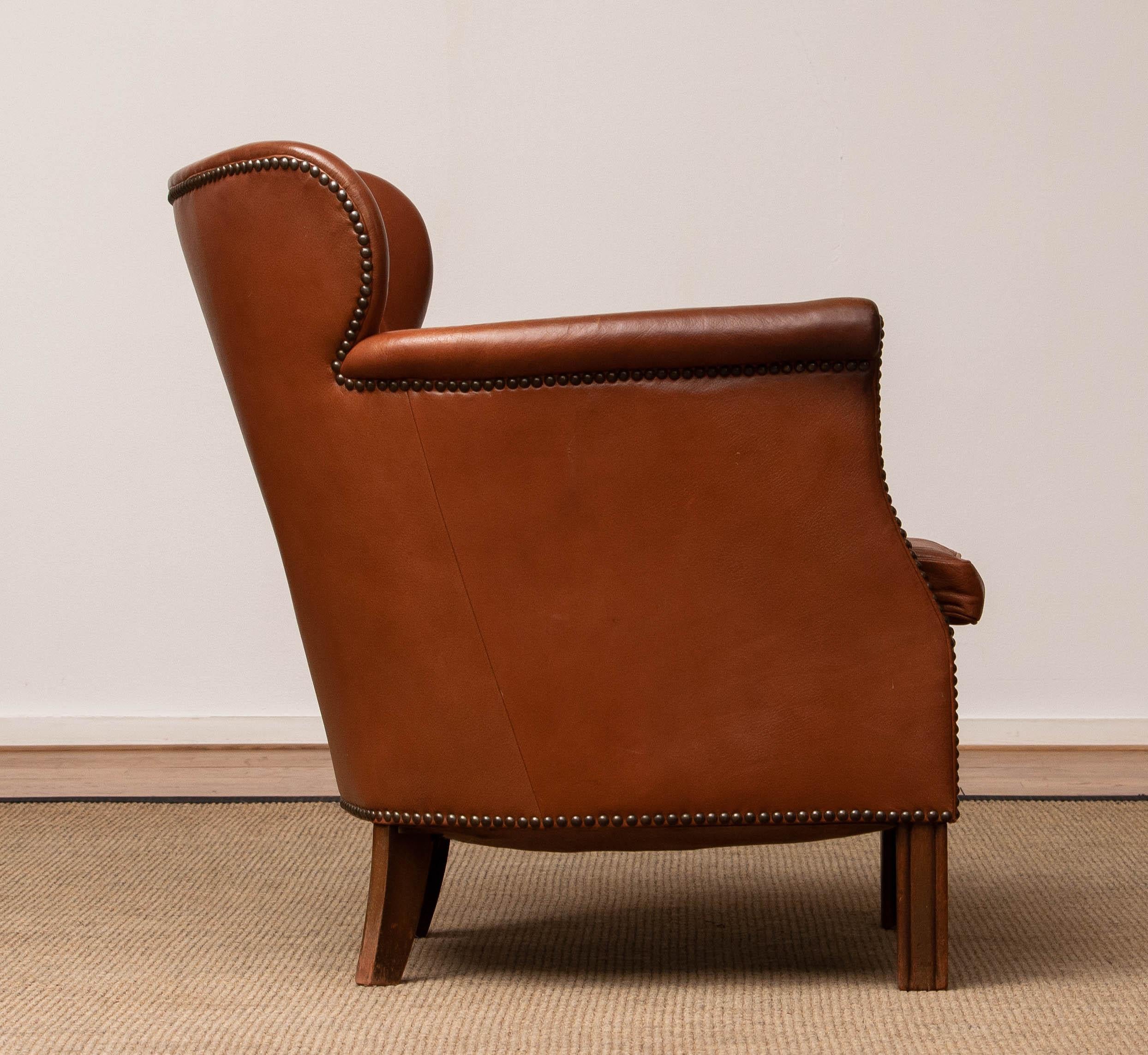 1940's Scandinavian Tan / Brown Nailed Leather Club / Cigar Chair from Denmark 2